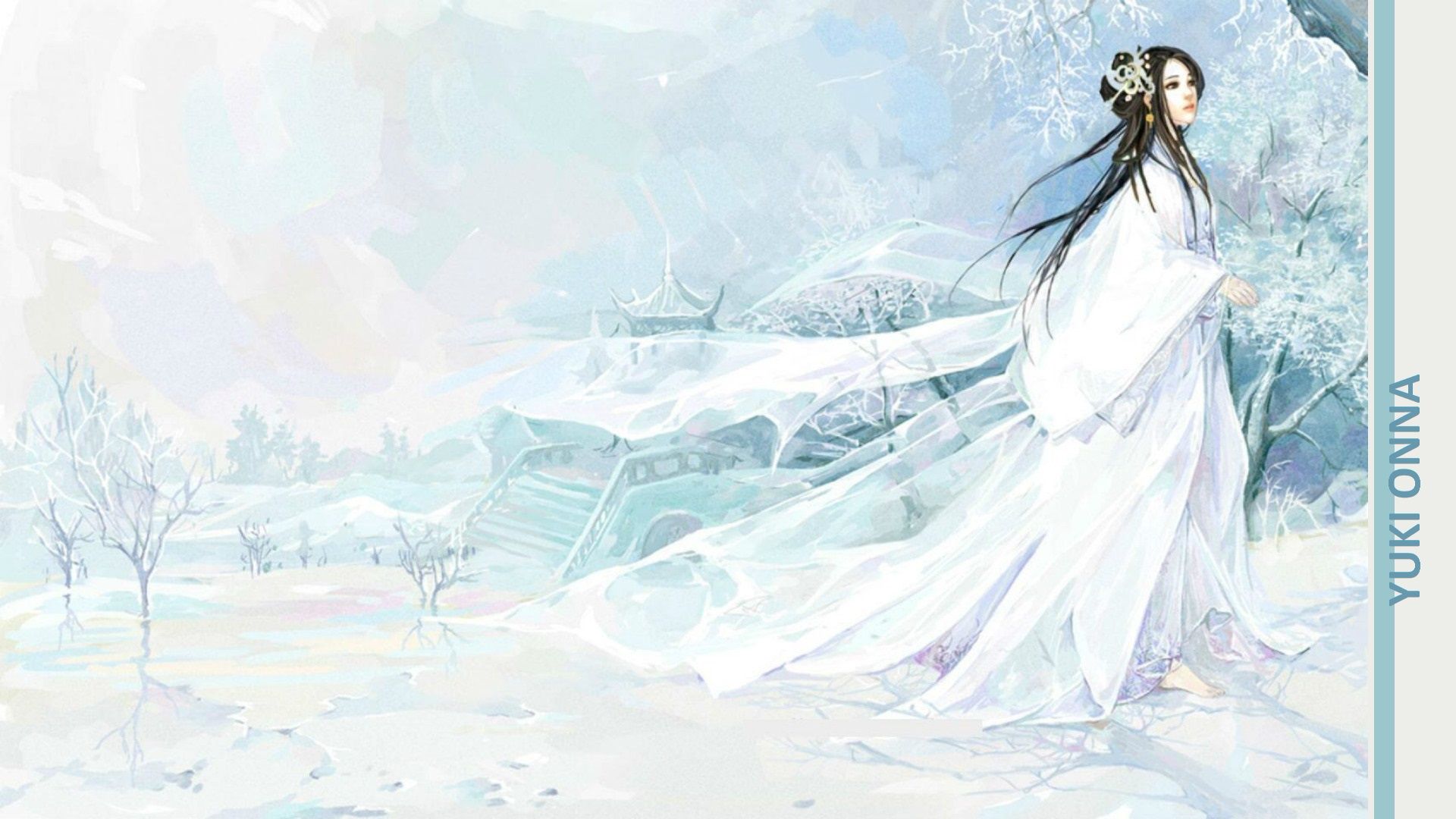 1920x1080 Wallpaper frost, snow, ladder, priestess, gazebo, winter landscape, barefoot, transparent fabric for mobile and desktop, section арт, resolution 1920x1080
