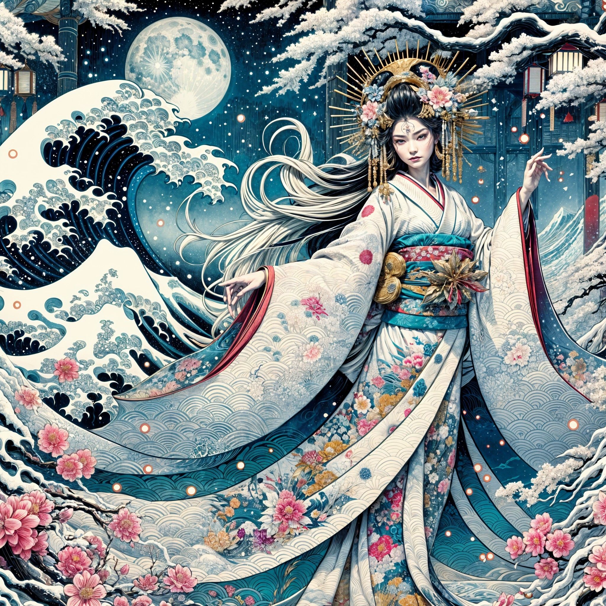 2048x2048 Woman in Kimono Surrounded by Waves and Blossoms. Deep Dream Generator