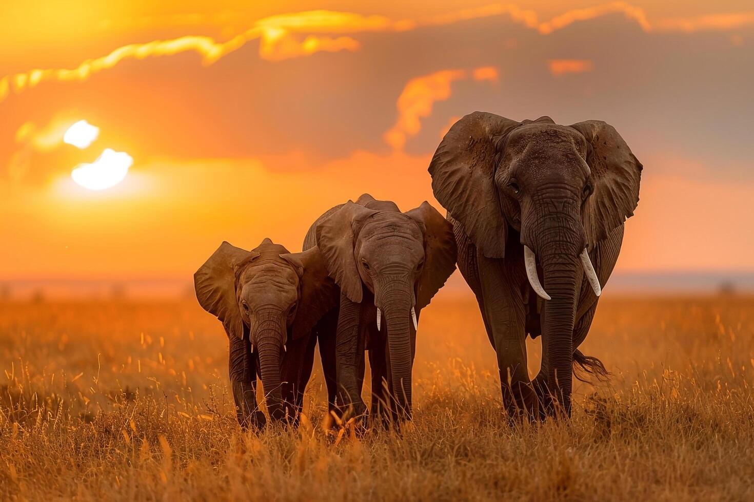 1470x980 A family of elephants roaming the savanna at sunset. Nature. Background