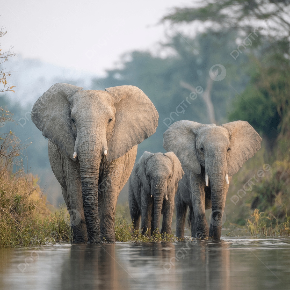 1200x1200 An Elephant Family Standing In The Water Near Trees With One Adult And Two Baby Elephants, Elephant, Standing, Water Background Image And Wallpaper for Free Download