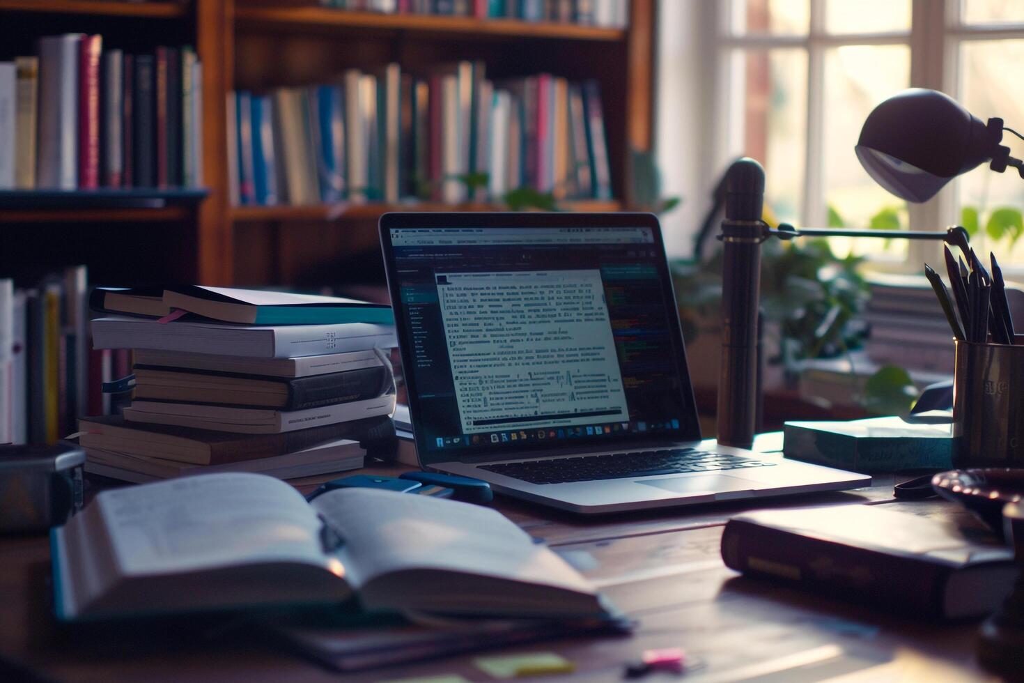 1470x980 Student Desk with Laptop Mockup Open to Online Course Study Notes Background