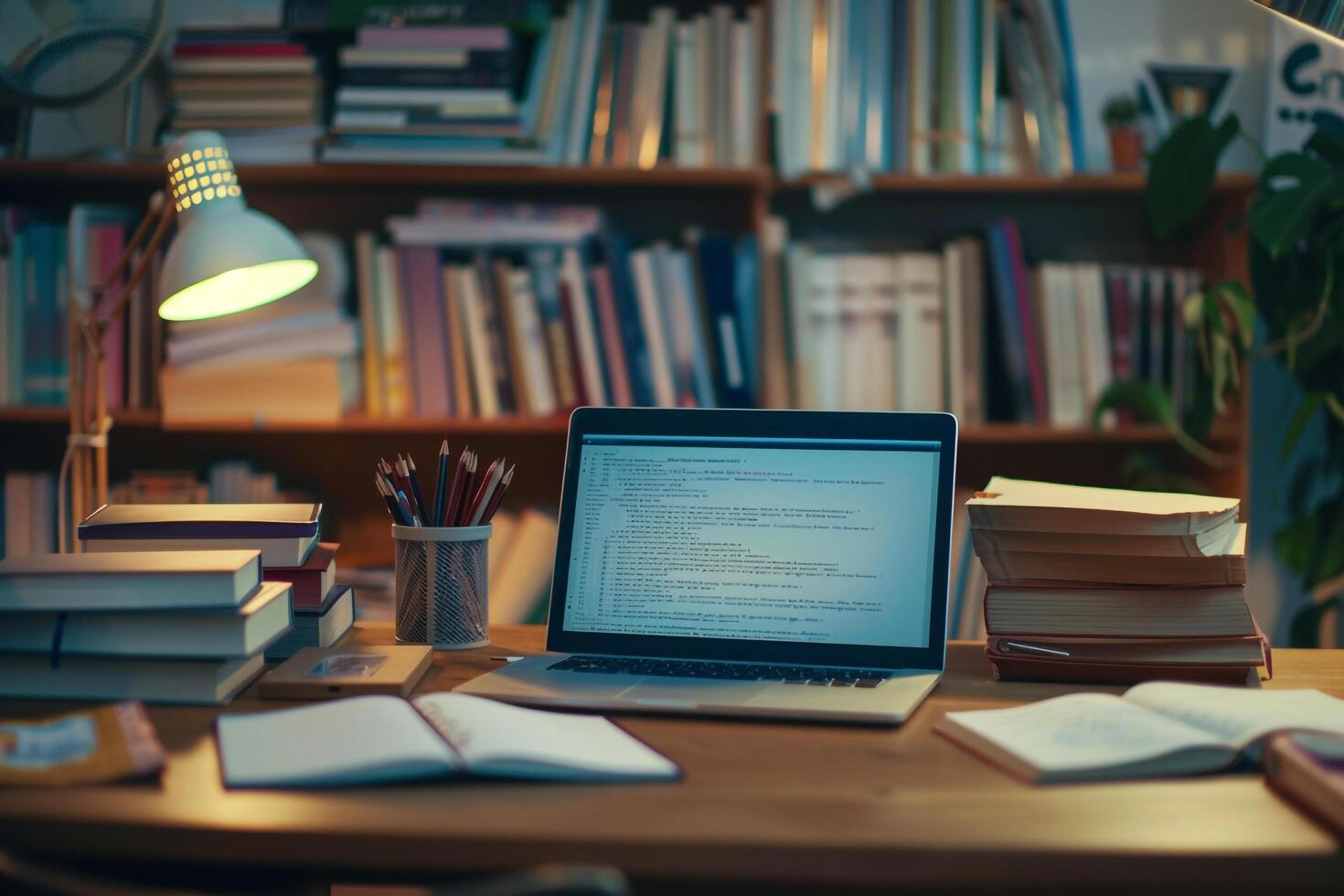 1470x980 Student Desk with Laptop Mockup Open to Online Course Surrounded by Study Notes and Textbooks