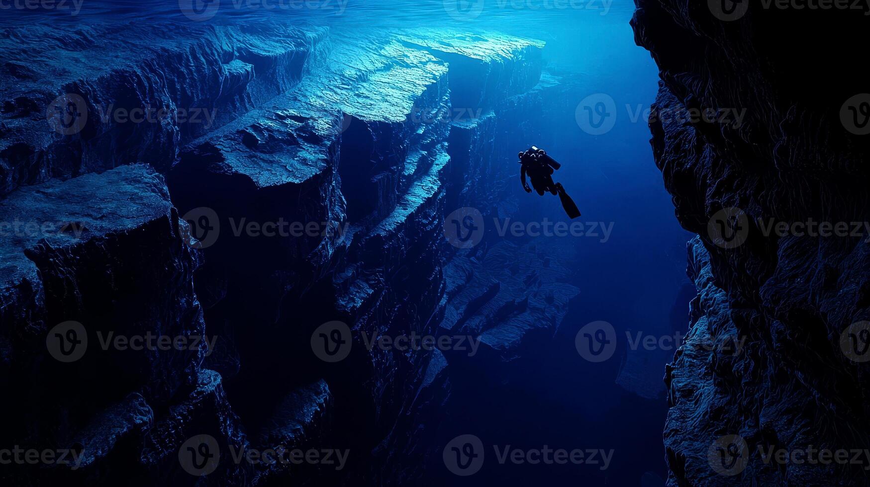 1749x980 A Scuba Diver At The Edge Of A Drop Off, Endless Deep Blue Abyss, Feeling Of Awe And Solitude