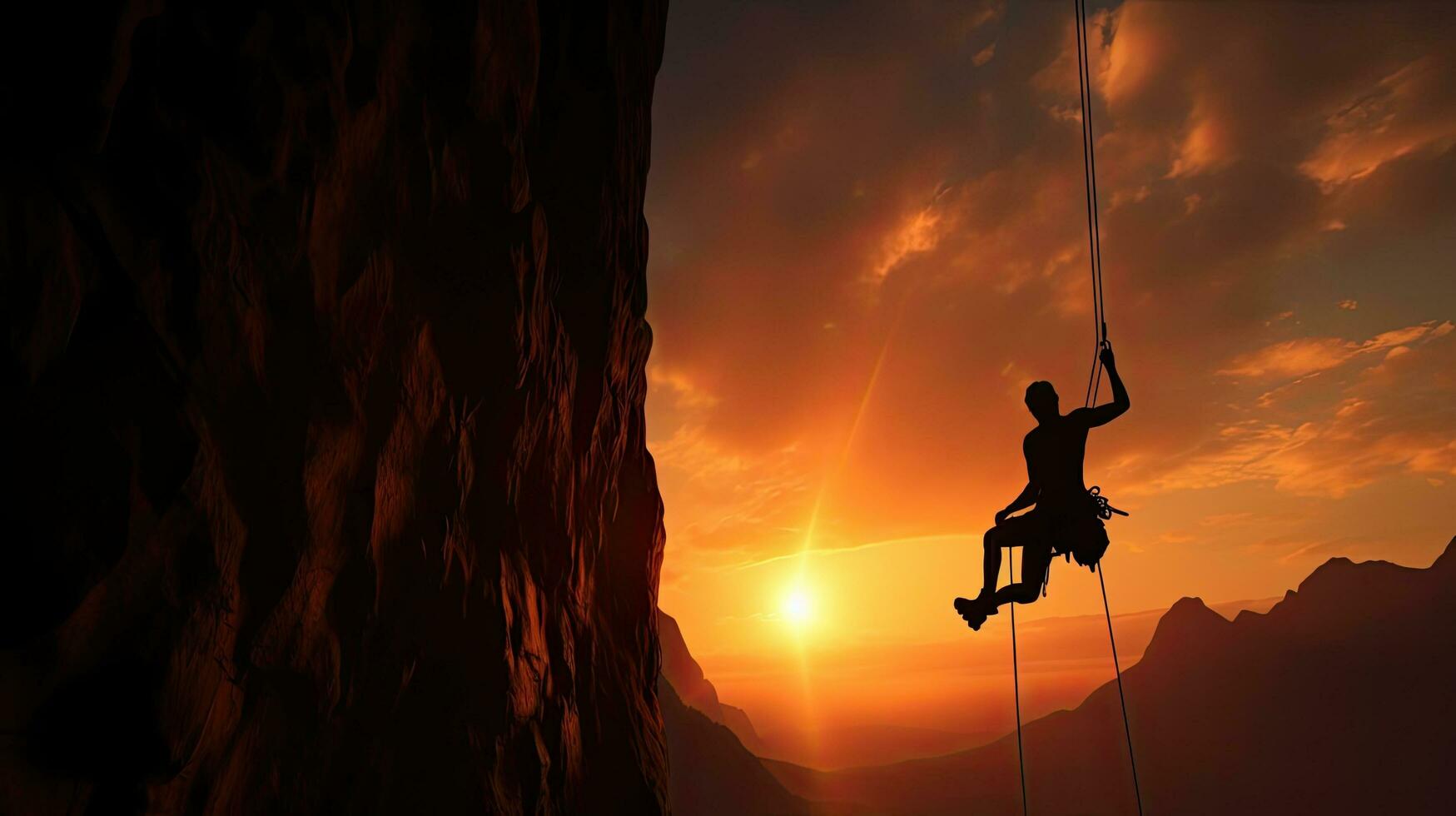 1749x980 Sunset sky abseiling, mountain silhouette and hiking man hanging on shadow rope. Fitness risk, adventure freedom challenge and strong, surreal nature adrenaline and cliff climbing on orange landscape 76056749