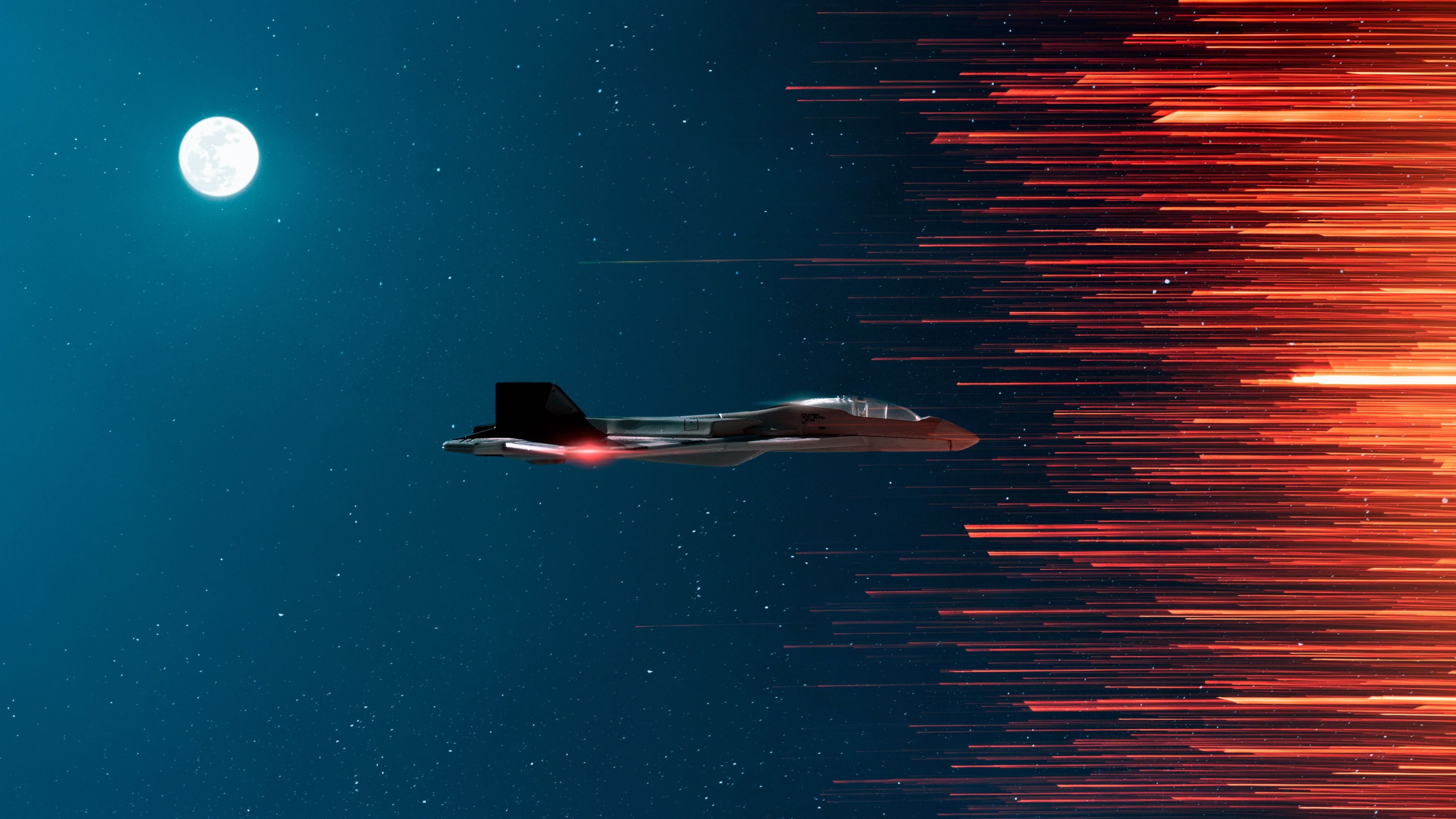 3840x2160 Fighter aircraft Wallpaper 4K, Full moon, Outer space
