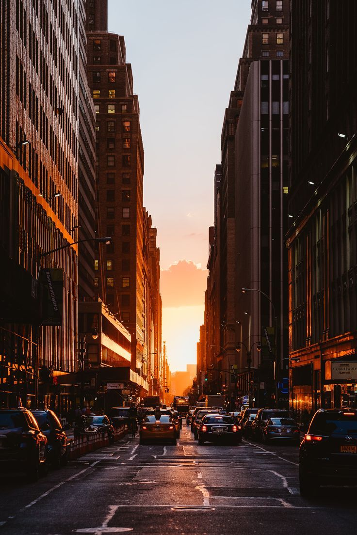 736x1104 HD wallpaper: red sedan, city, sunset, new york, buildings, cars, street, urban Scene