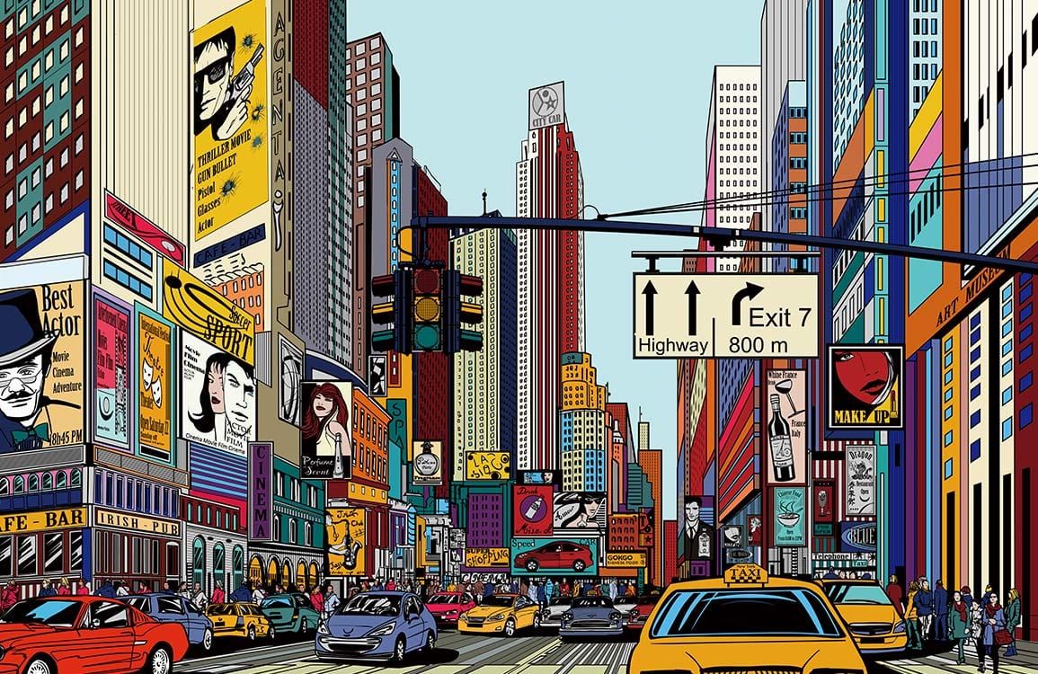 1155x750 Vibrant Urban Comic Cityscape Mural Wallpaper Modern Design