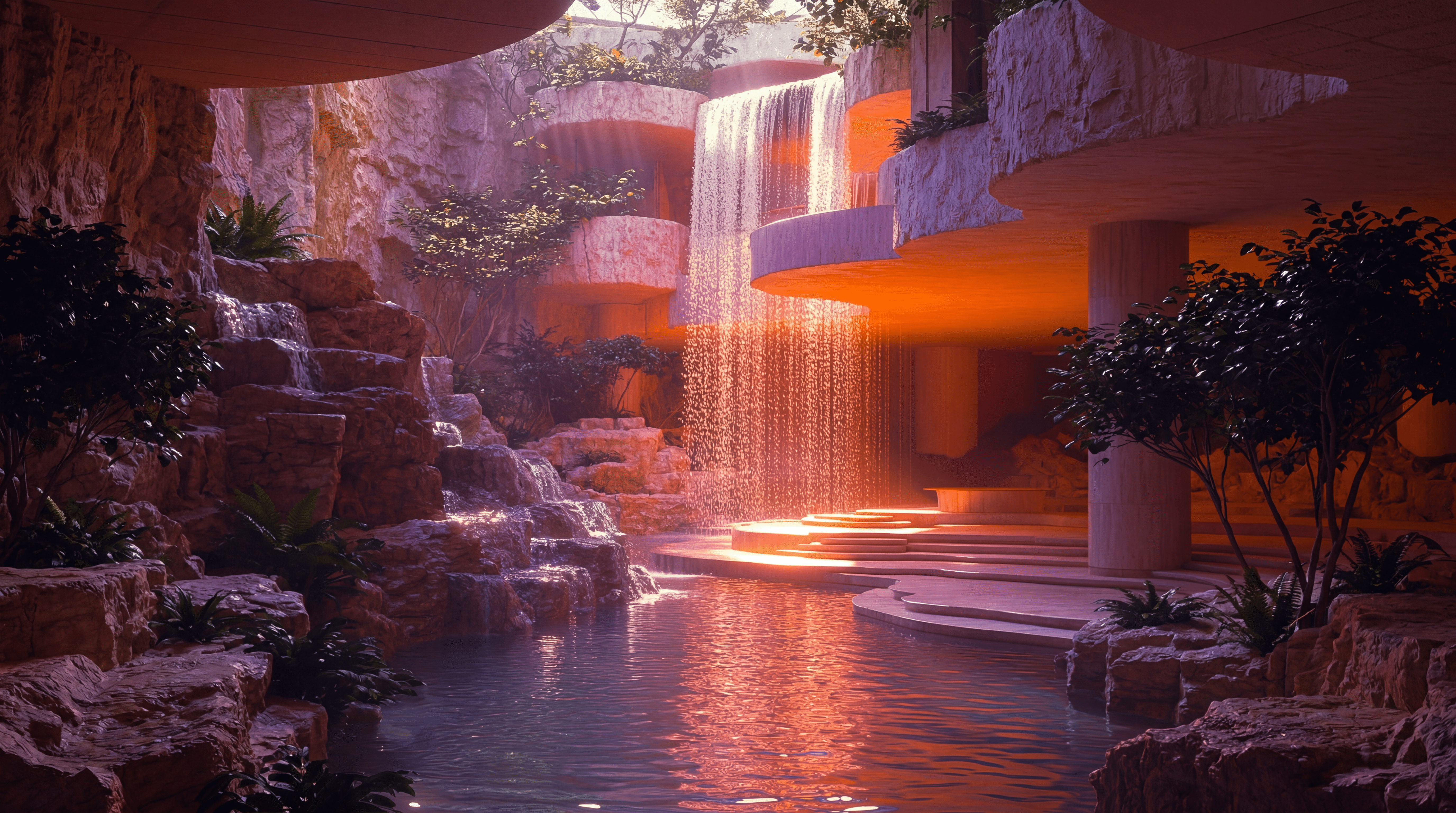 5504x3072 Dreamy / Surreal underground liminal Poolcore with waterfall and white stone