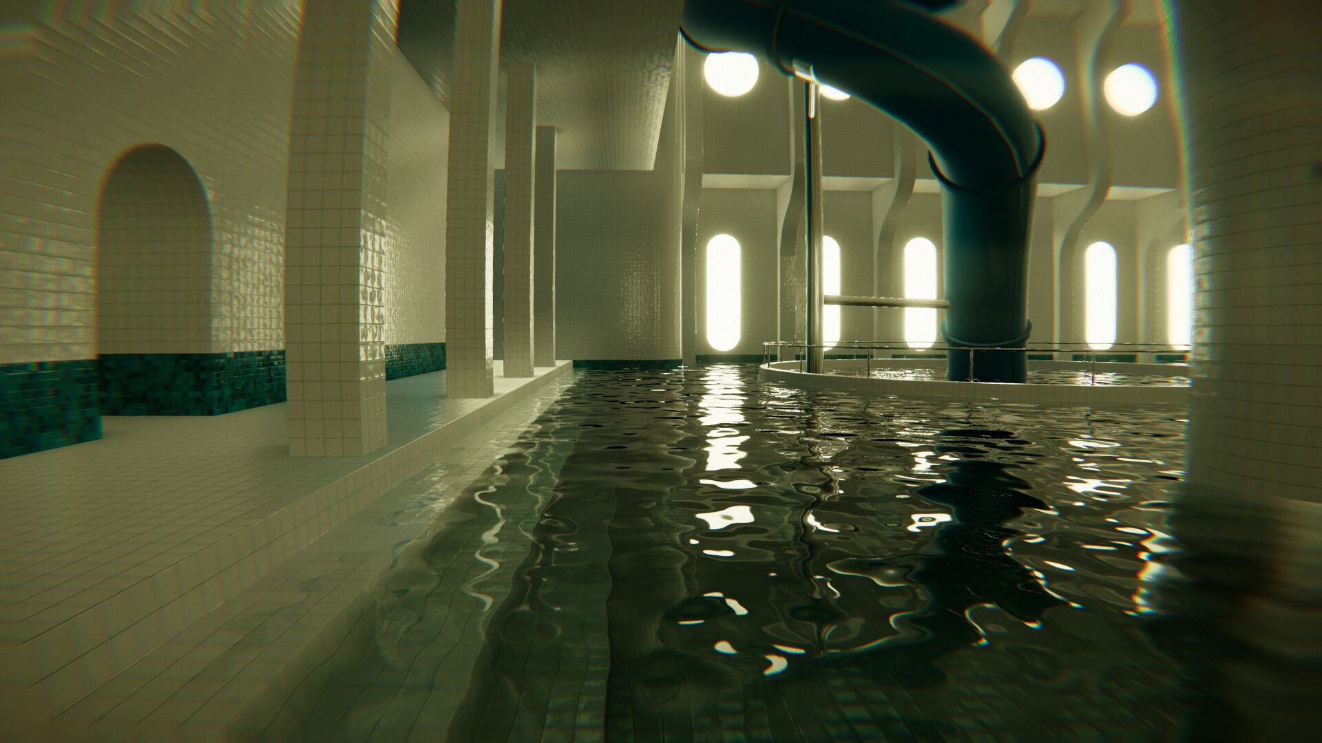 1920x1080 Dreamy / Surreal underground liminal Poolcore with waterfall and white stone