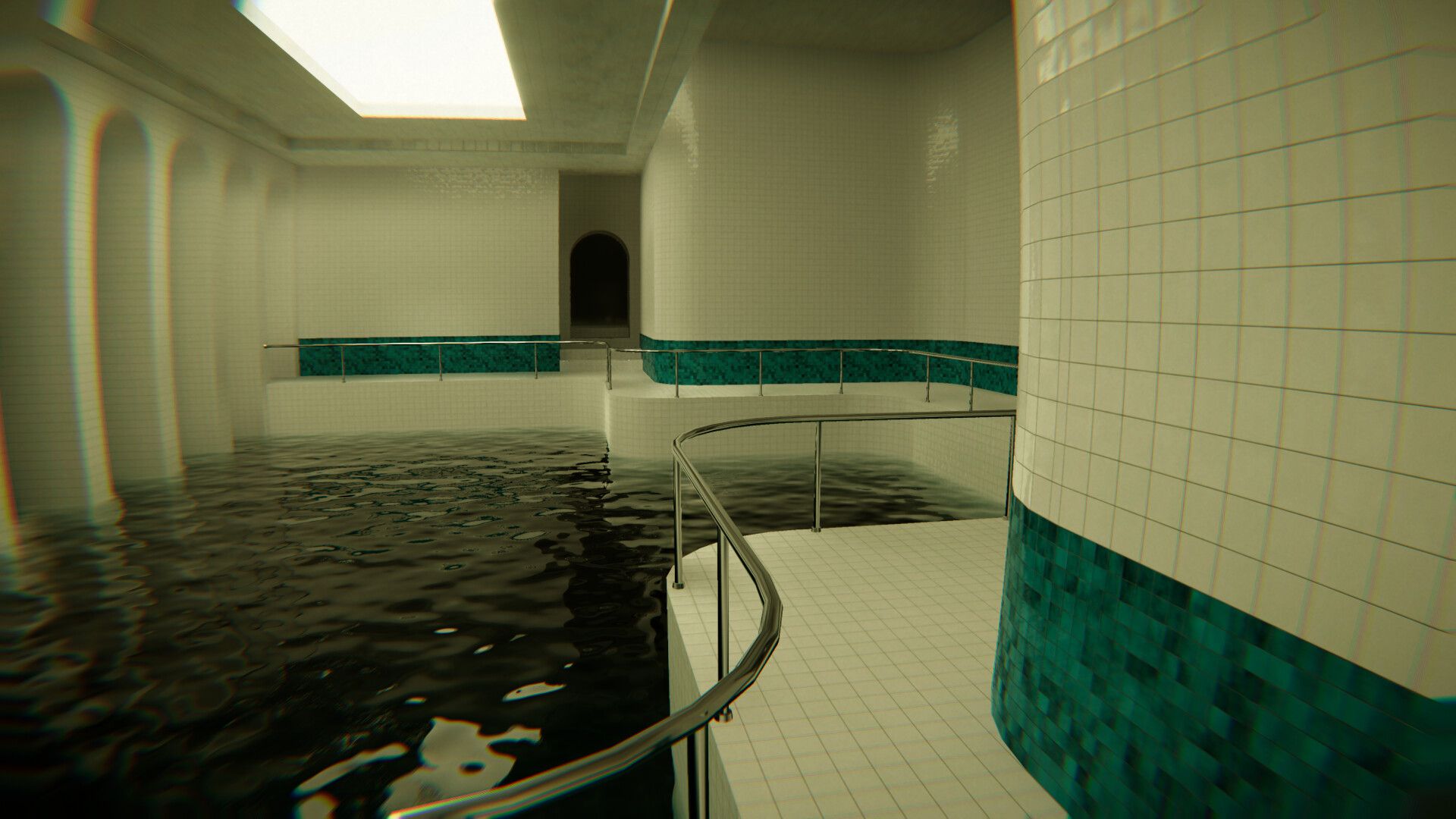 1920x1080 Dreamy / Surreal underground liminal Poolcore with waterfall and white stone