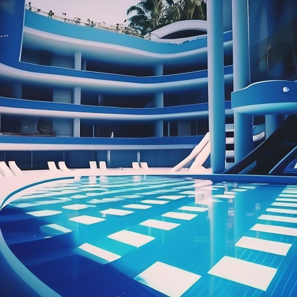 1024x1024 Poolcore, pool aesthetics, liminal space, 4k, blue and white tiles, water