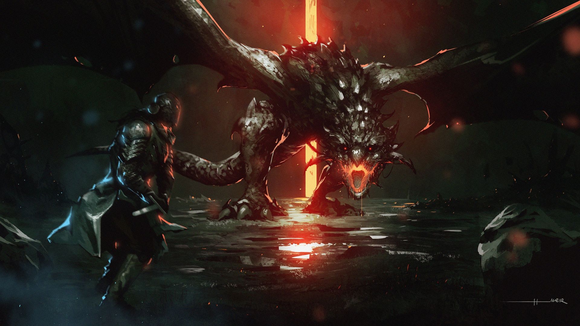 1920x1080 Wallpaper fiction, dragon, monster, sword, battle, warrior, lizard, sword for mobile and desktop, section фантастика, resolution 1920x1080