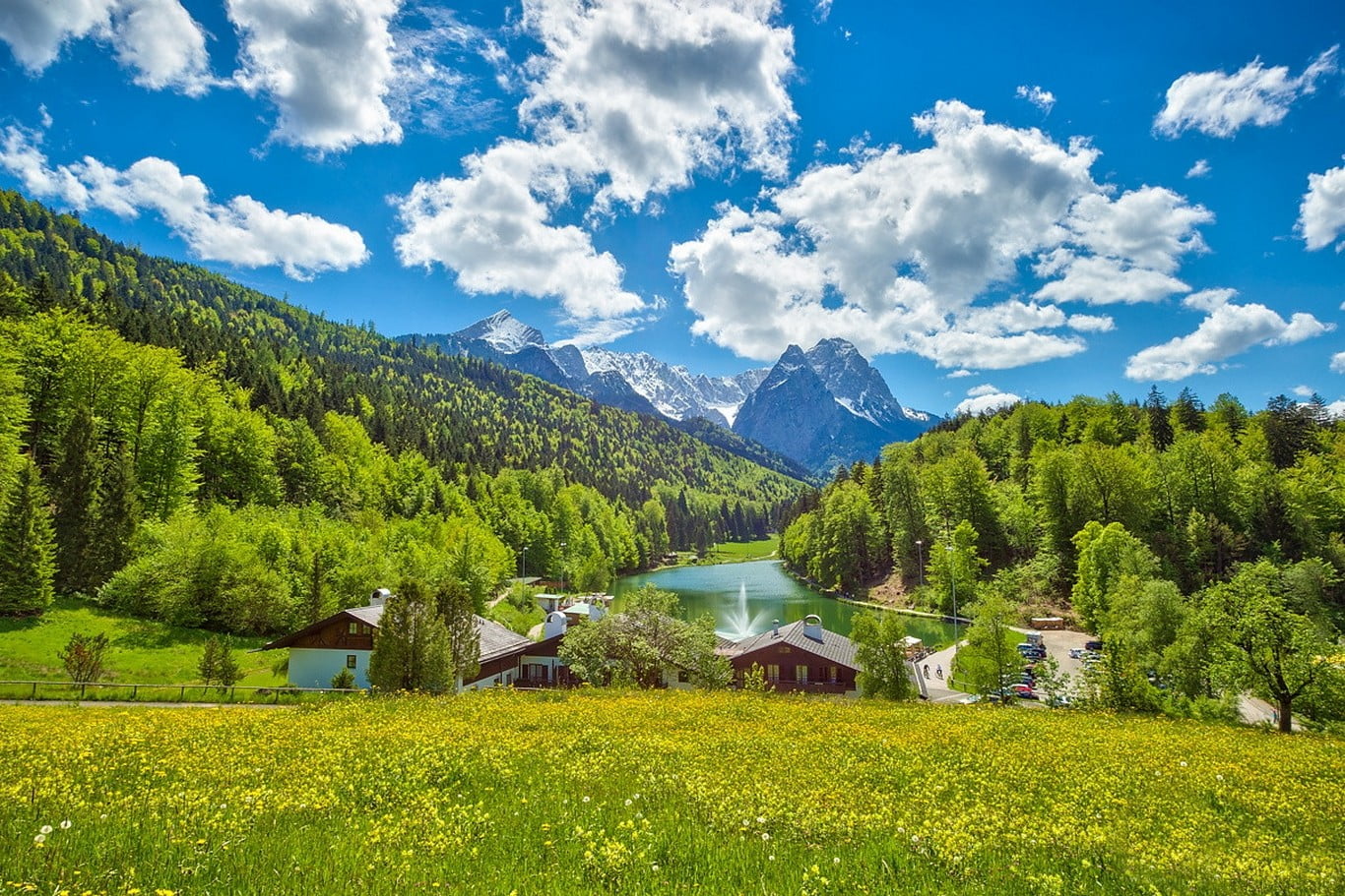 1366x911 House near body of water, lake, Germany, summer, clouds HD wallpaper