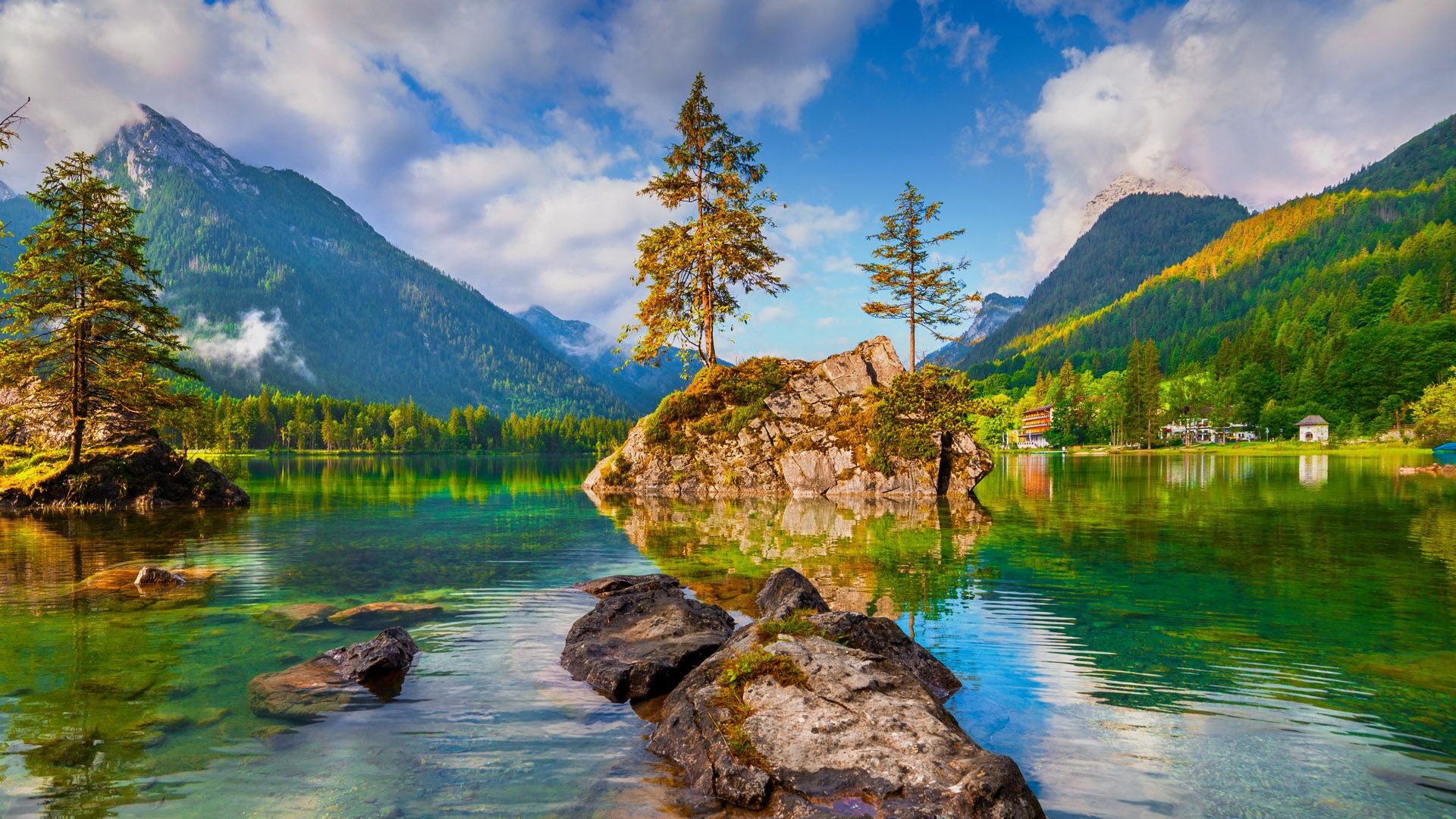 1920x1080 Misty summer morning on the Hintersee lake in Austrian Alps, Ramsau, Bavaria, Germany. Windows Spotlight Image