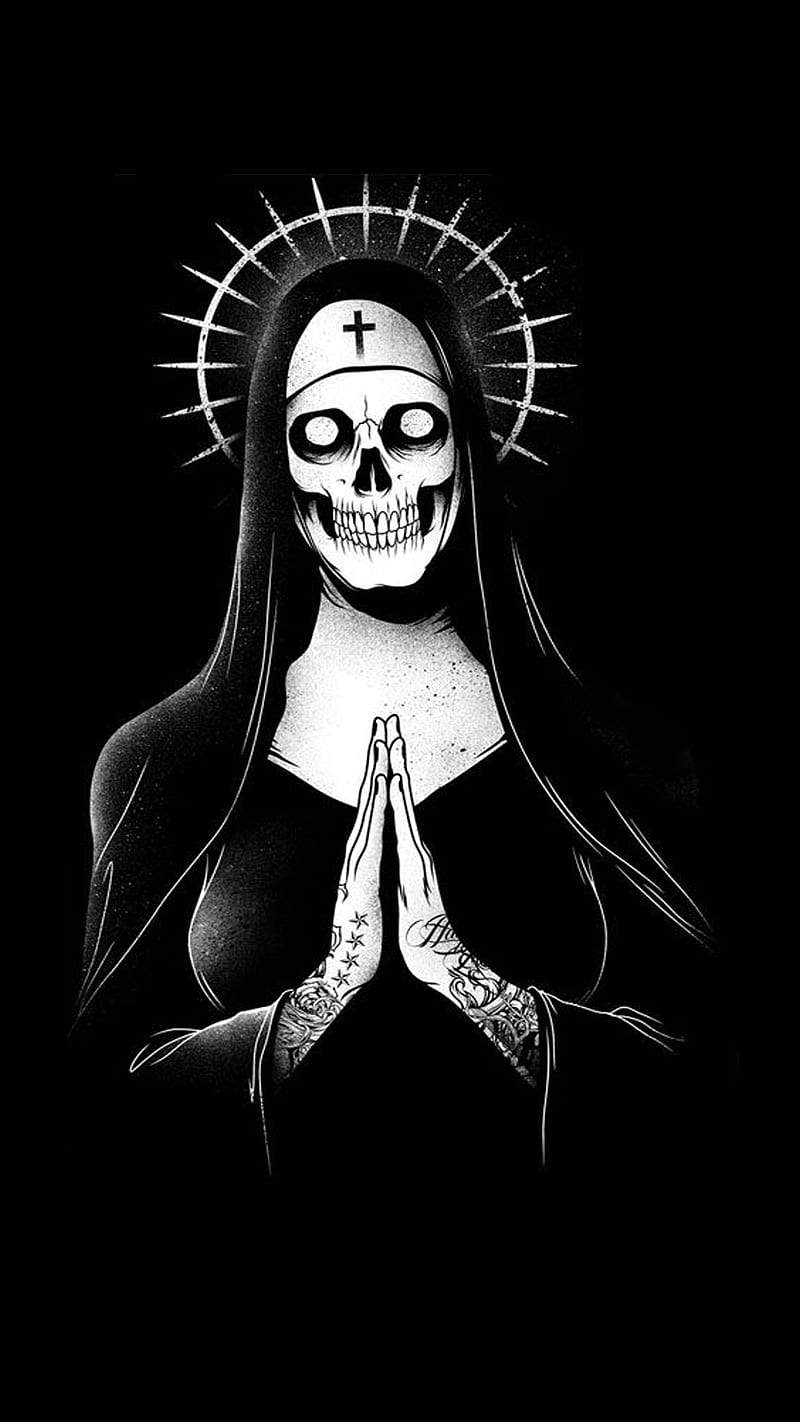 800x1422 Bad Nun, creepy, dark, death, fantasy minimal, nun, skeleton, skull, HD phone wallpaper