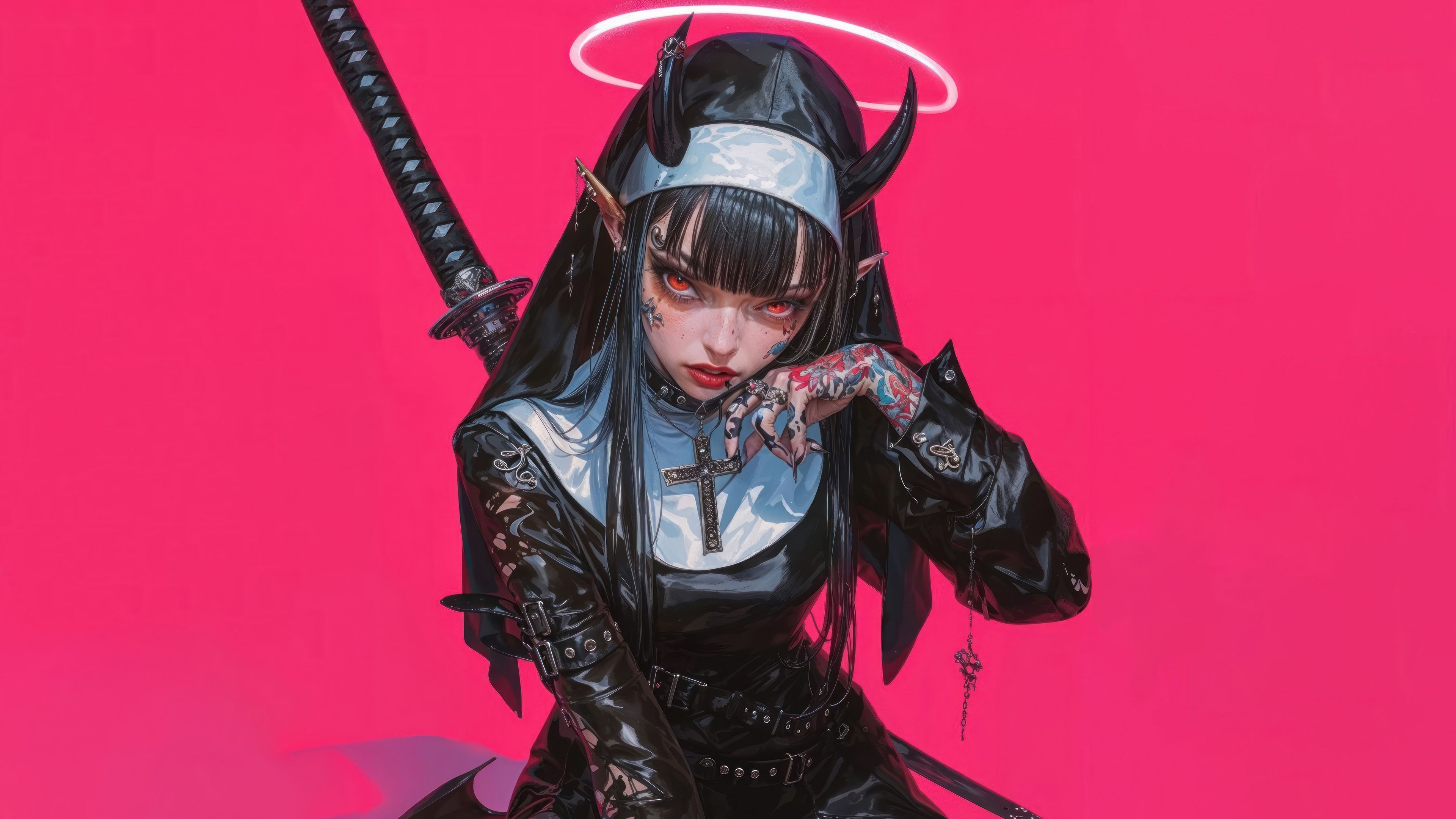 3840x2160 Anime Girl Red Eyes Demon Nun Wallpaper 4K 8K HD PC a