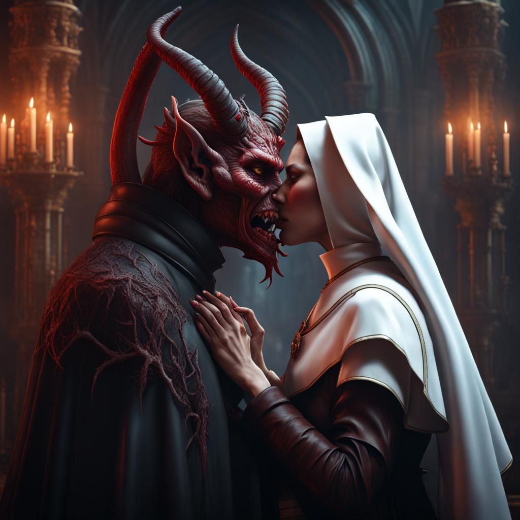 1024x1024 A nun kissing a demon Kissing Demon: Detailed Fantasy