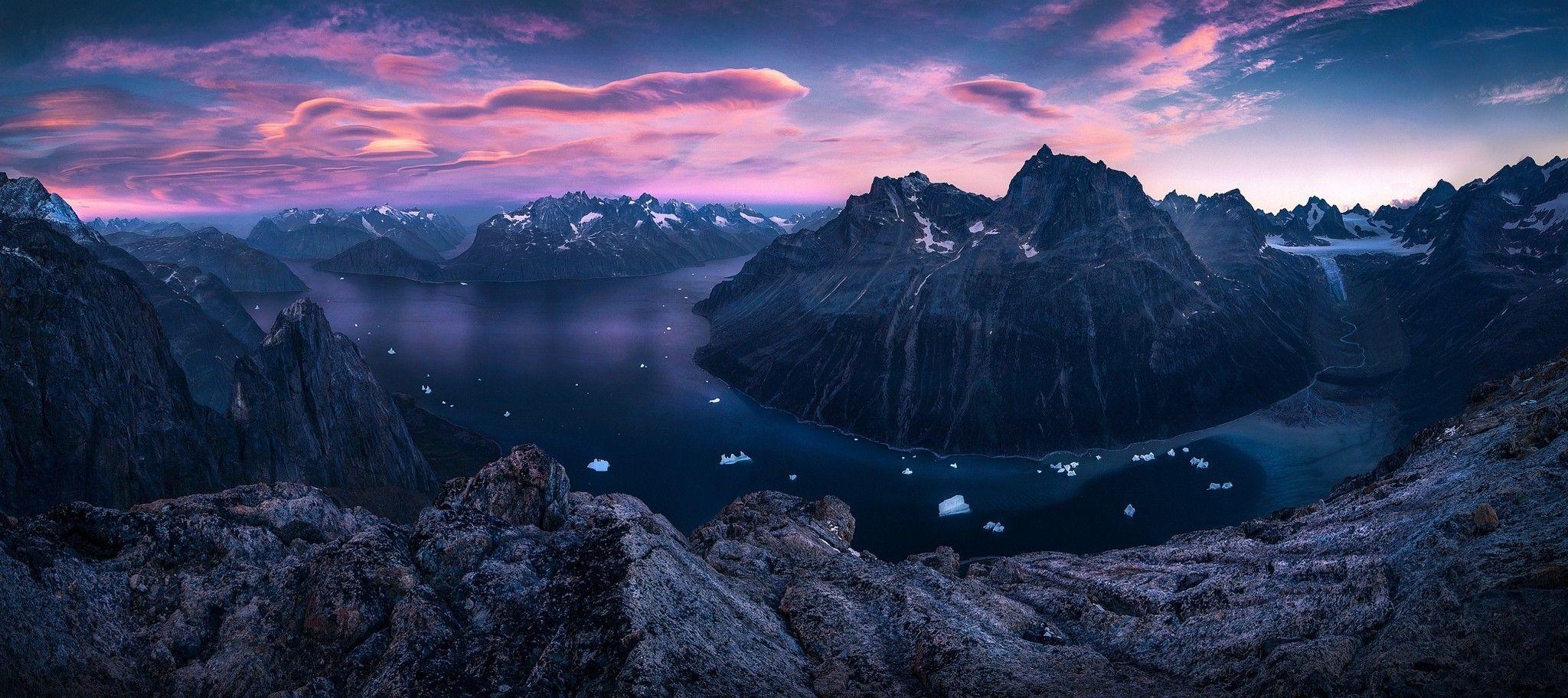 2048x912 nature, Landscape, Sunset, Mountain, Panoramas, Fjord, Clouds, Sky, Ice, Rock, Greenland Wallpaper HD / Desktop and Mobile Background