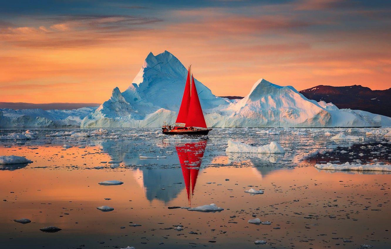 1332x850 Wallpaper landscape, nature, reflection, the ocean, dawn, boat, sailboat, ice, sails, Greenland image for desktop, section пейзажи