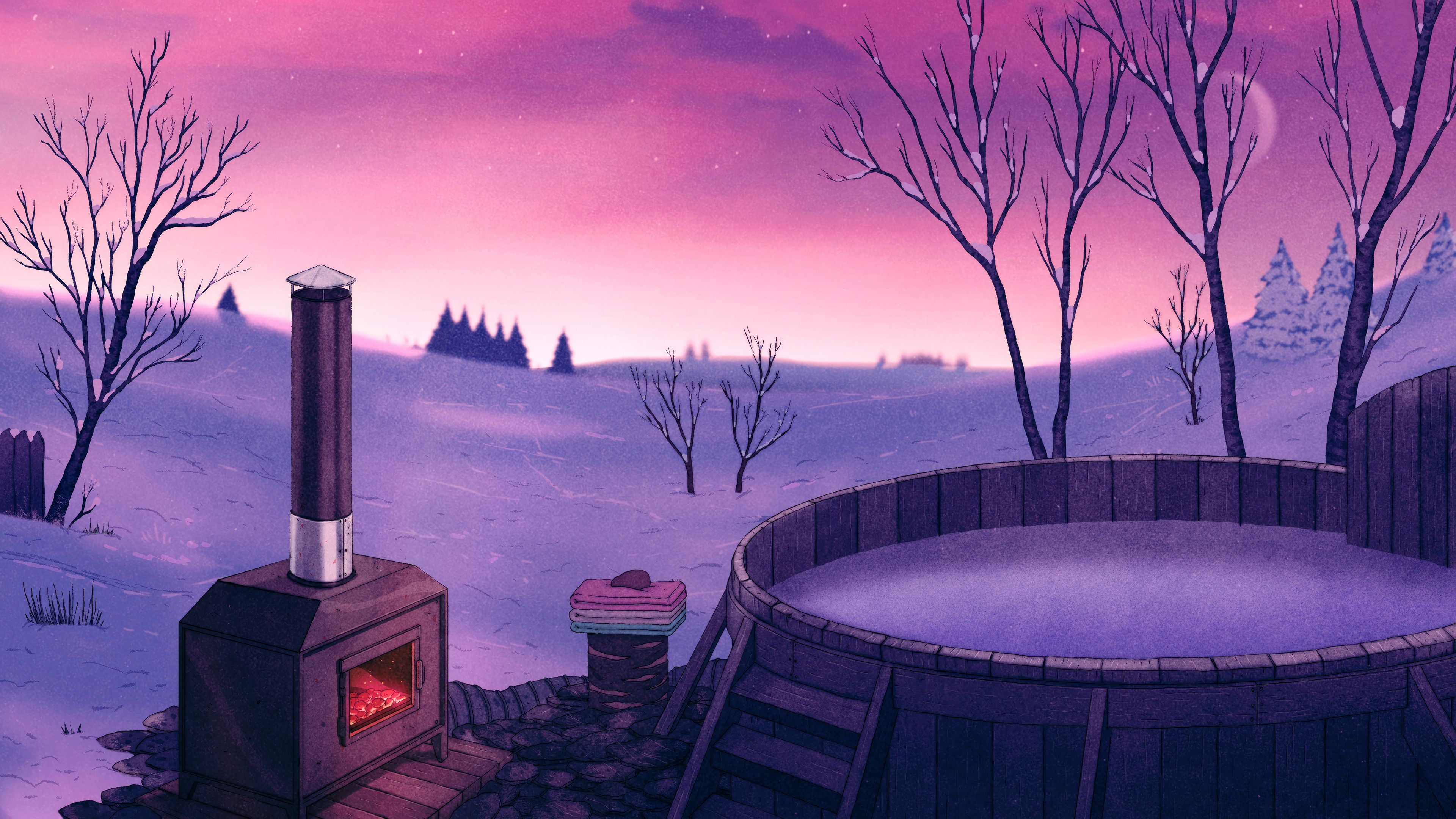 3840x2160 Winter Hot Tub Chillhop Wallpaper 4K HD PC n