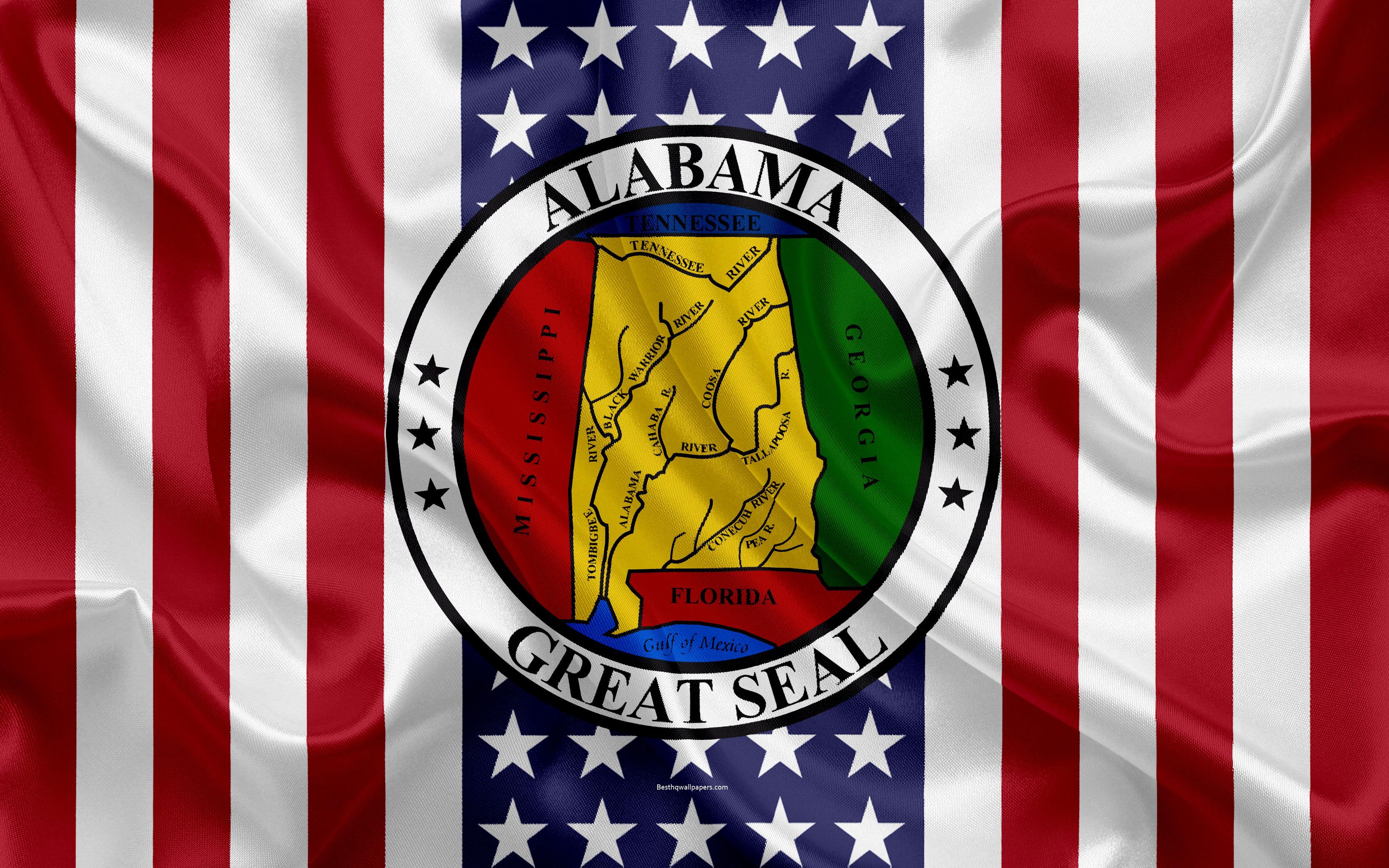 3840x2400 Download wallpaper Alabama, USA, 4k, American state, Seal of Alabama, silk texture, US states, emblem, American flag for desktop with resolution 3840x2400. High Quality HD picture wallpaper