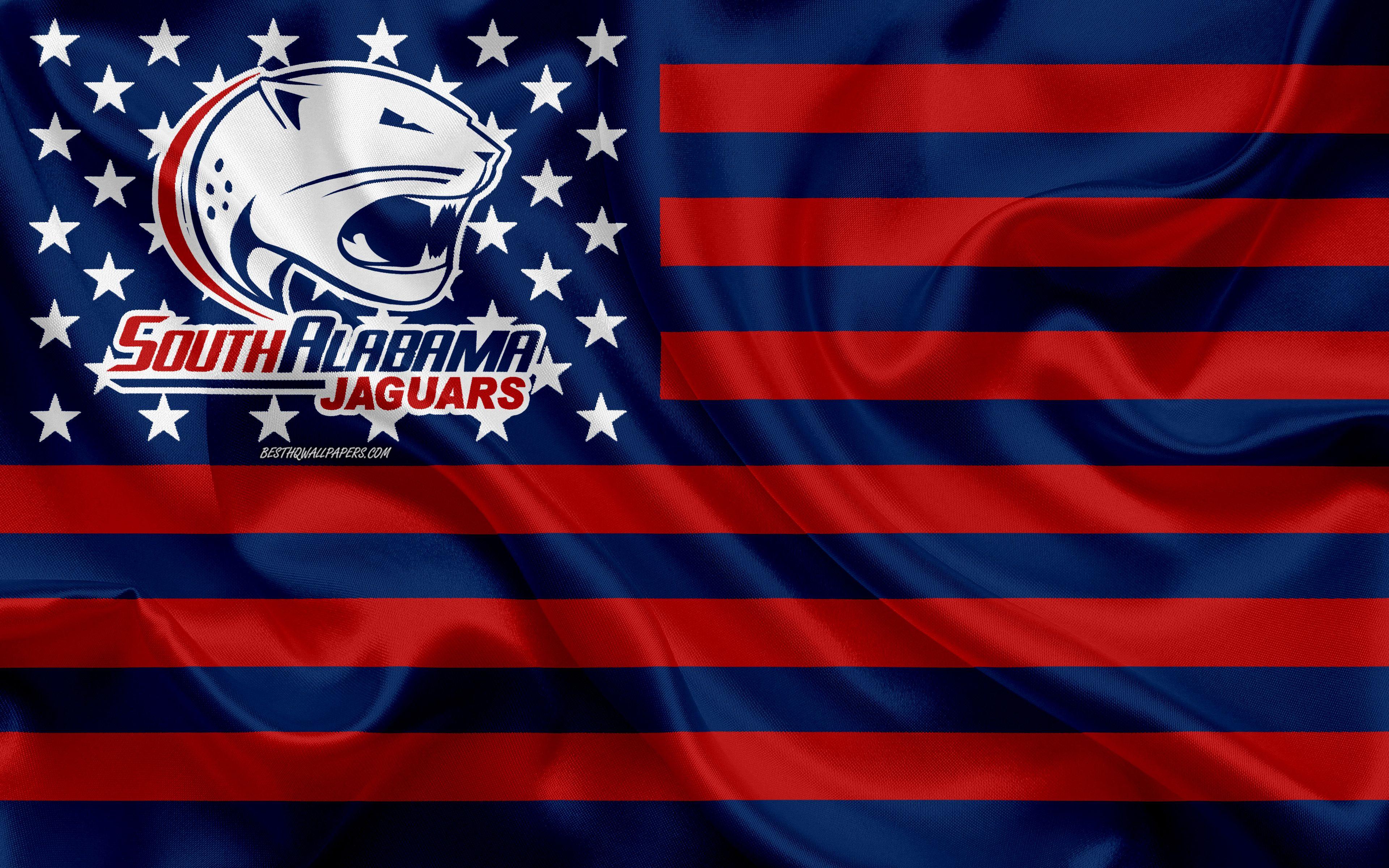 3840x2400 Download wallpaper South Alabama Jaguars, American football team, creative American flag, blue red flag, NCAA, Mobile, Alabama, USA, South Alabama Jaguars logo, emblem, silk flag, American football for desktop with resolution 3840x2400