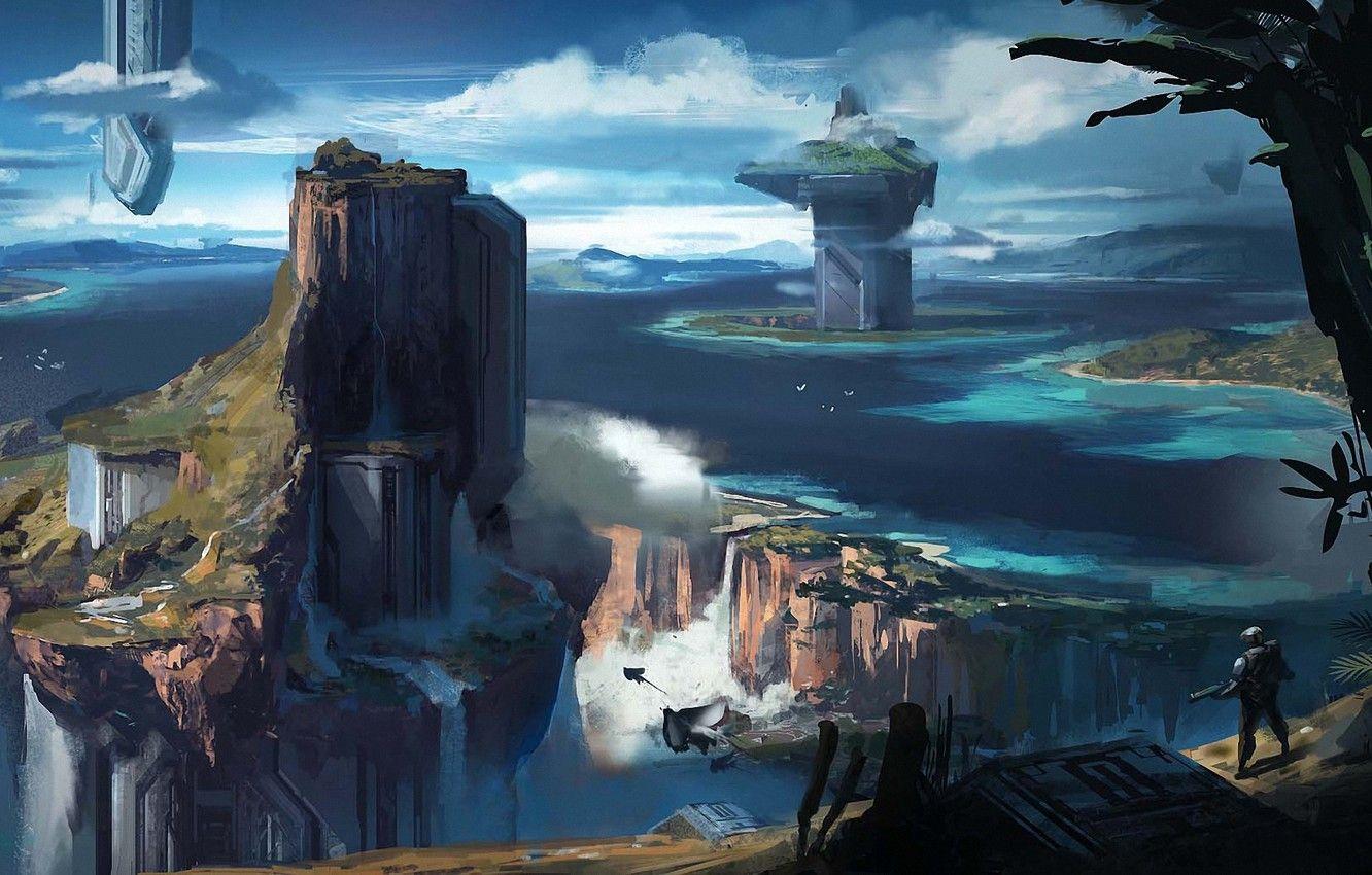 1332x850 Wallpaper water, rocks, people, view, facilities, concept art, halo halo spartan image for desktop, section игры