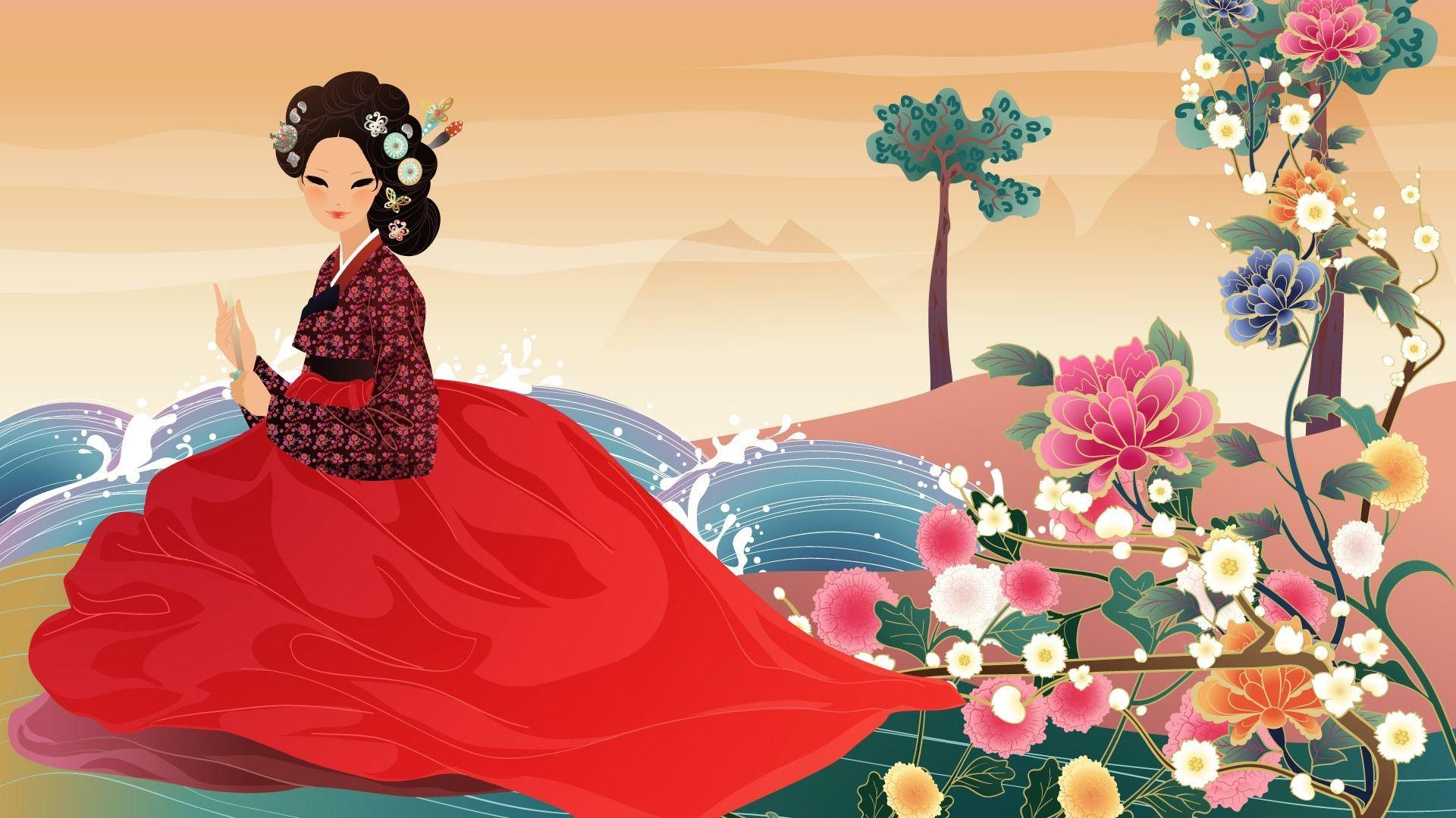 1920x1080 Vector wallpaper of Korean women (1) Wallpaper. Fabric poster, Korean illustration, 1920x1200 wallpaper