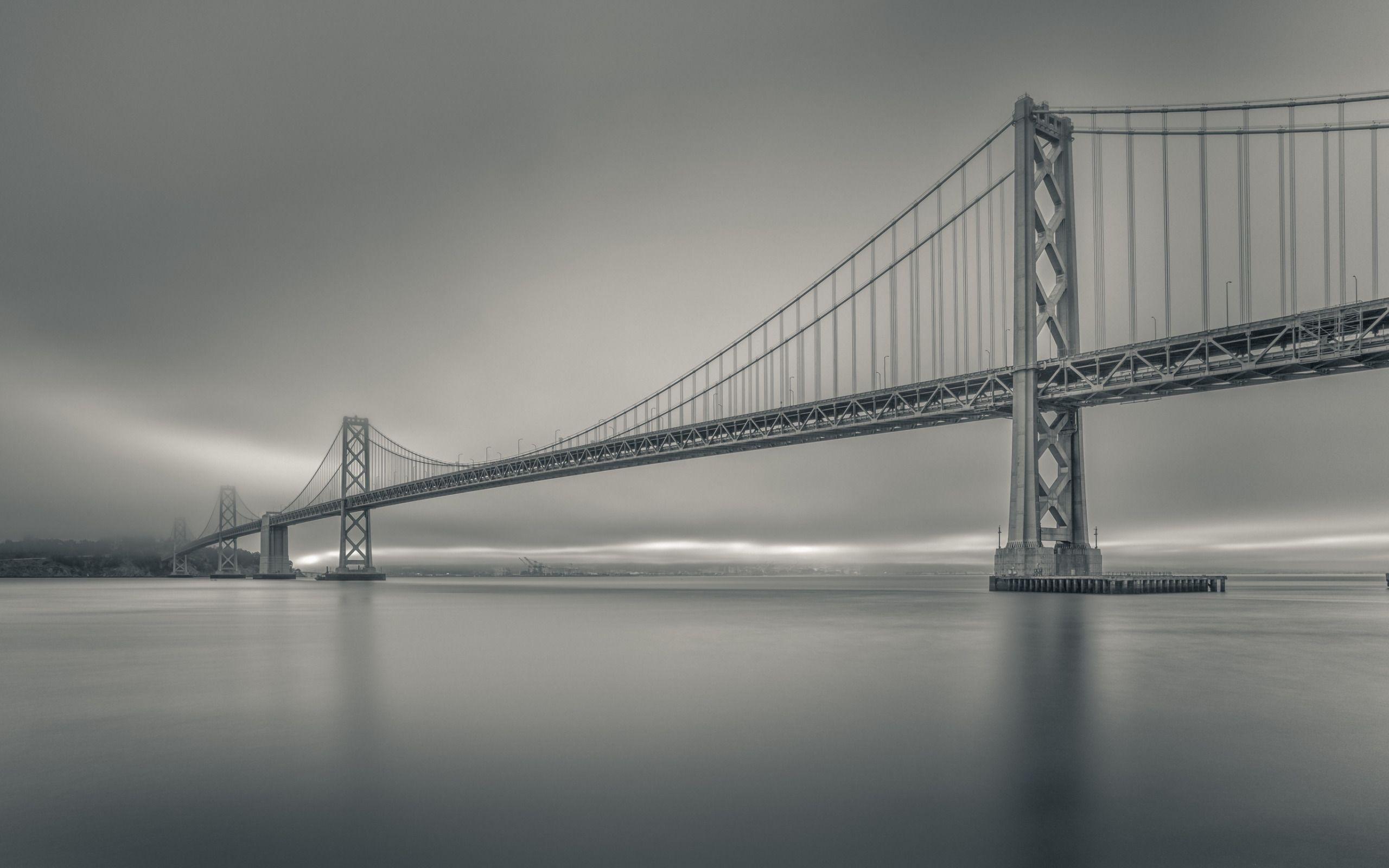 2560x1600 Download wallpaper Bay Bridge, morning, sunrise, black and white photo, monochrome, San Francisco, Oakland, USA for desktop with resolution 2560x1600. High Quality HD picture wallpaper