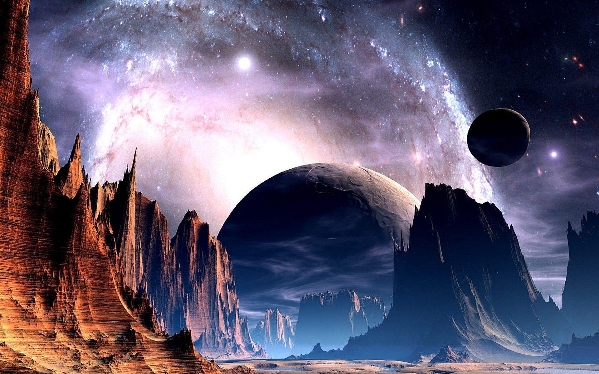 1920x1200 Sci Fi Science Fiction Planets Alien Sky Stars Nebula Galaxy Space Universe Light Bright Nature Landscapes Mountains Cliff Valley Spire Art Artistic 1920x1200 :