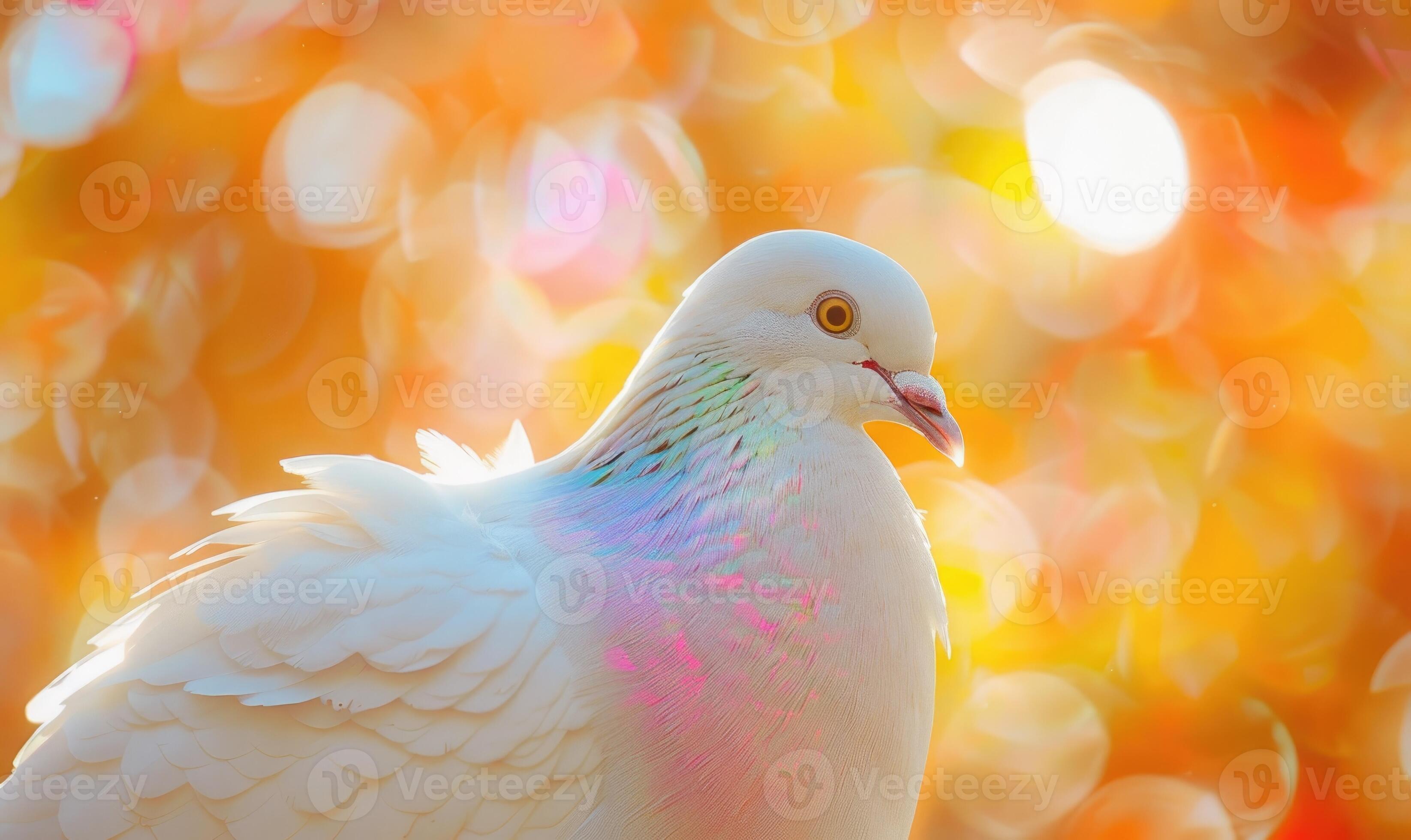 3291x1960 White Pigeon With Iridescent Feathers Captured In A Close Up View Under The Sunlight