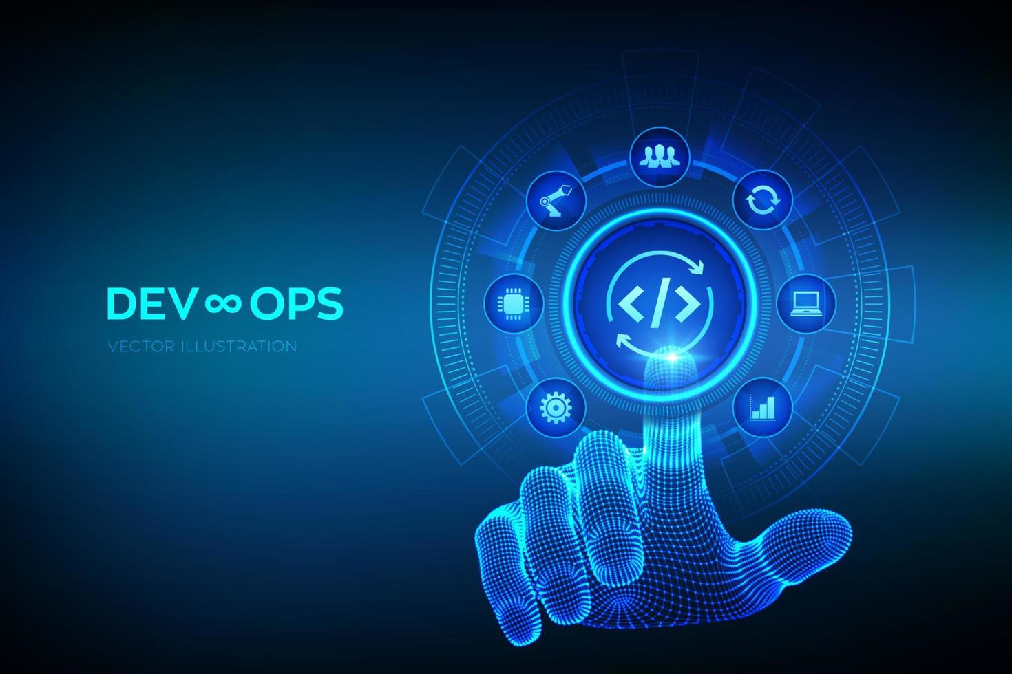 1470x980 Devops. Agile development and optimisation concept on virtual screen. Software engineering. Software development practices methodology. Wireframe hand touching digital interface. Vector illustration