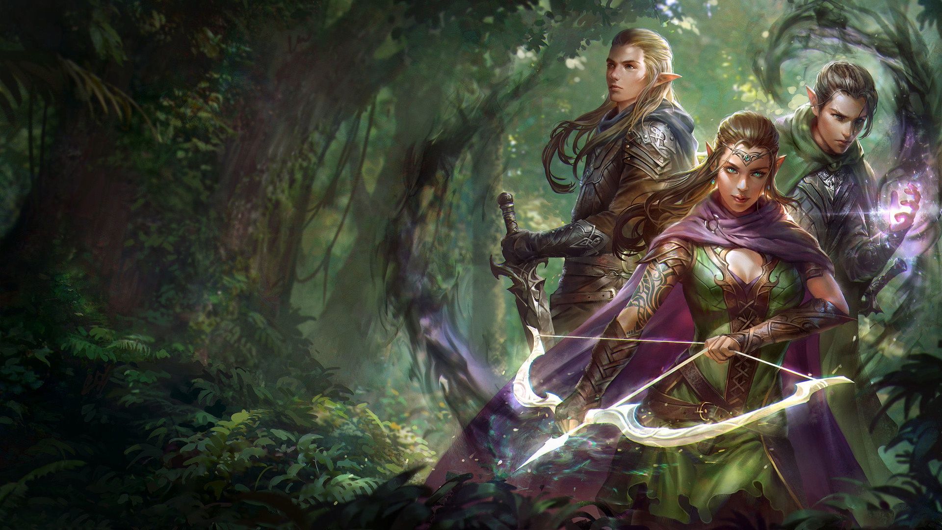 1920x1080 Elven Warrior Archer and Wizard in Enchanted Forest. HD Fantasy Wallpaper