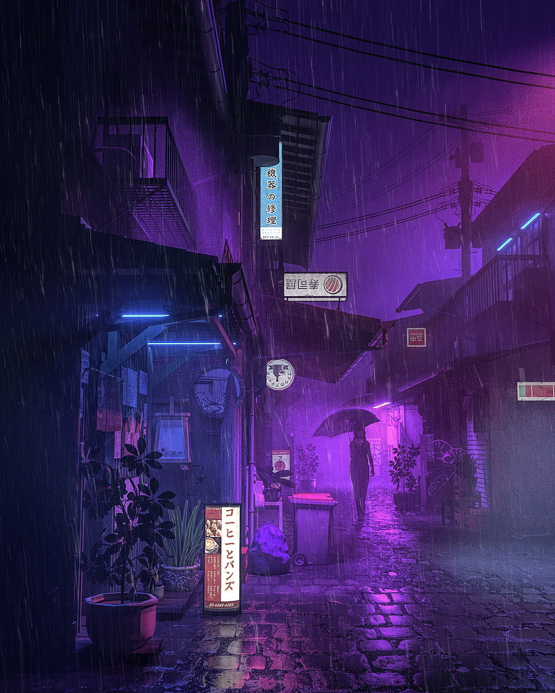 800x1000 Purple Rain, house, japan, night, plants, street, umbrella, woman, HD phone wallpaper