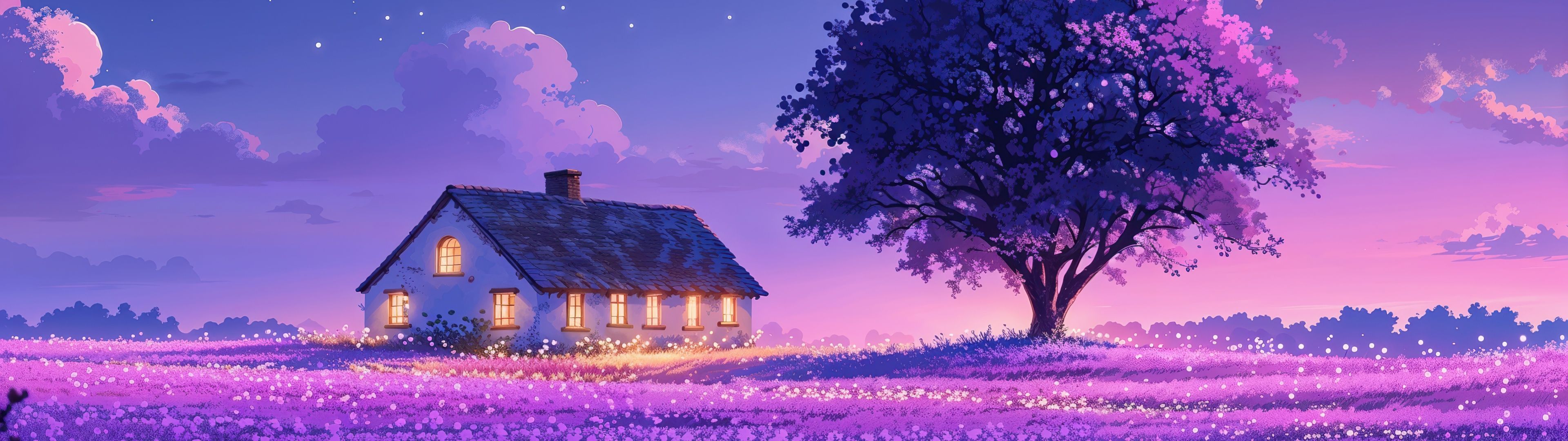 3840x1080 Purple aesthetic Wallpaper 4K, Scenery, Landscape, Night sky