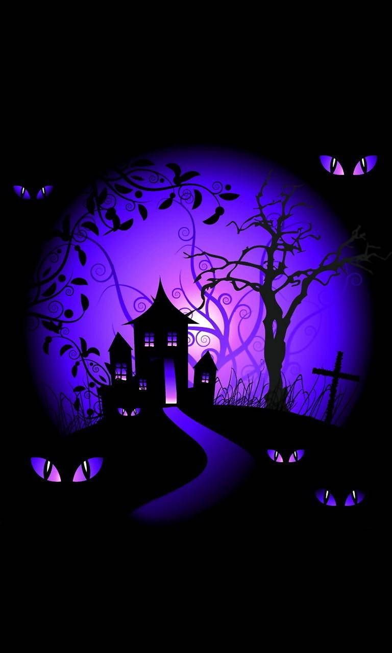 768x1280 Download Haunted House Halloween Phone Purple Wallpaper