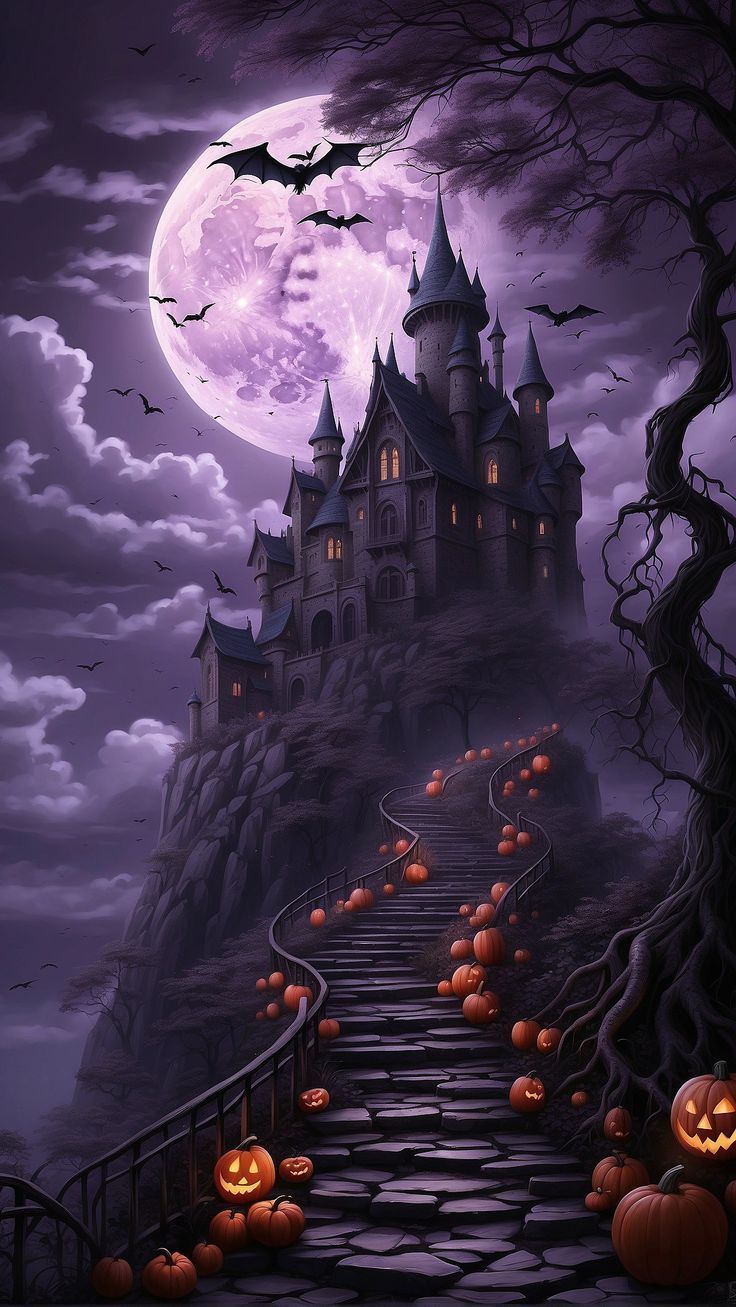 736x1307 Purple Haunted House. Haunted castle wallpaper, Purple halloween castle art, Halloween wallpaper iphone background