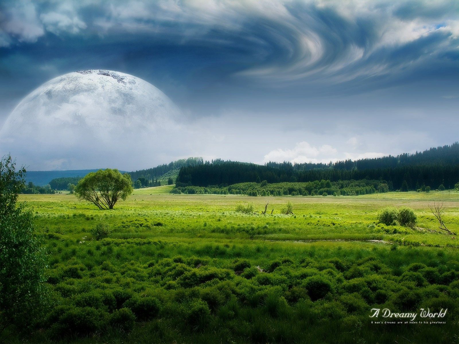 1600x1200 Wallpaper field, forest, clouds, the moon, Dreamy World for mobile and desktop, section пейзажи, resolution 1600x1200