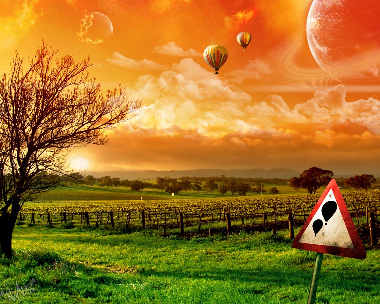 1280x1024 Desktop wallpaper: Sun, Earth, Landscape, Planet, A Dreamy World, Cloud, Hot Air Balloon 4K free download for PC. 1514011