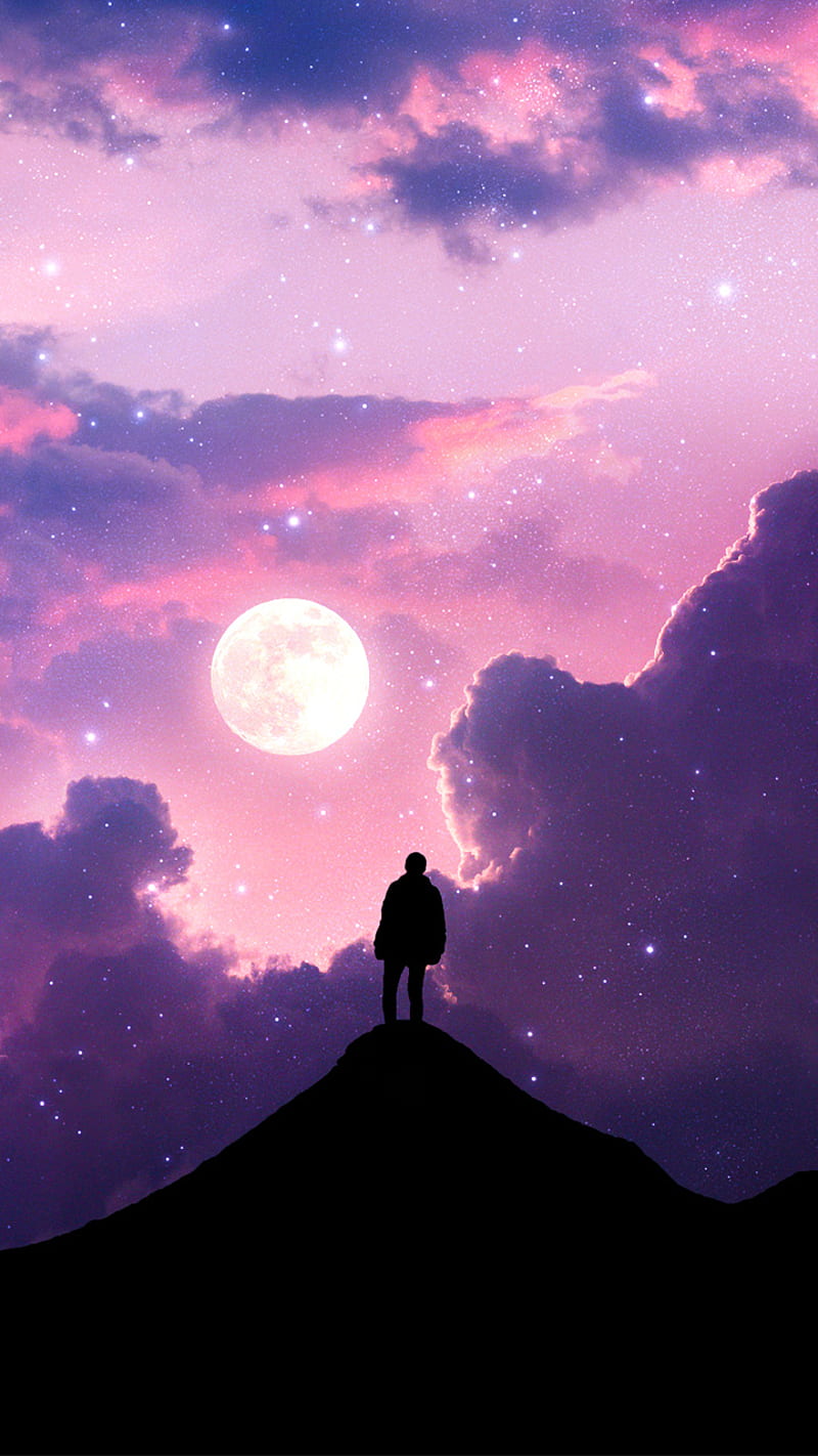 800x1422 Dreamy world, man, moon, pink, pinkclouds, sky, sparkle, HD phone wallpaper