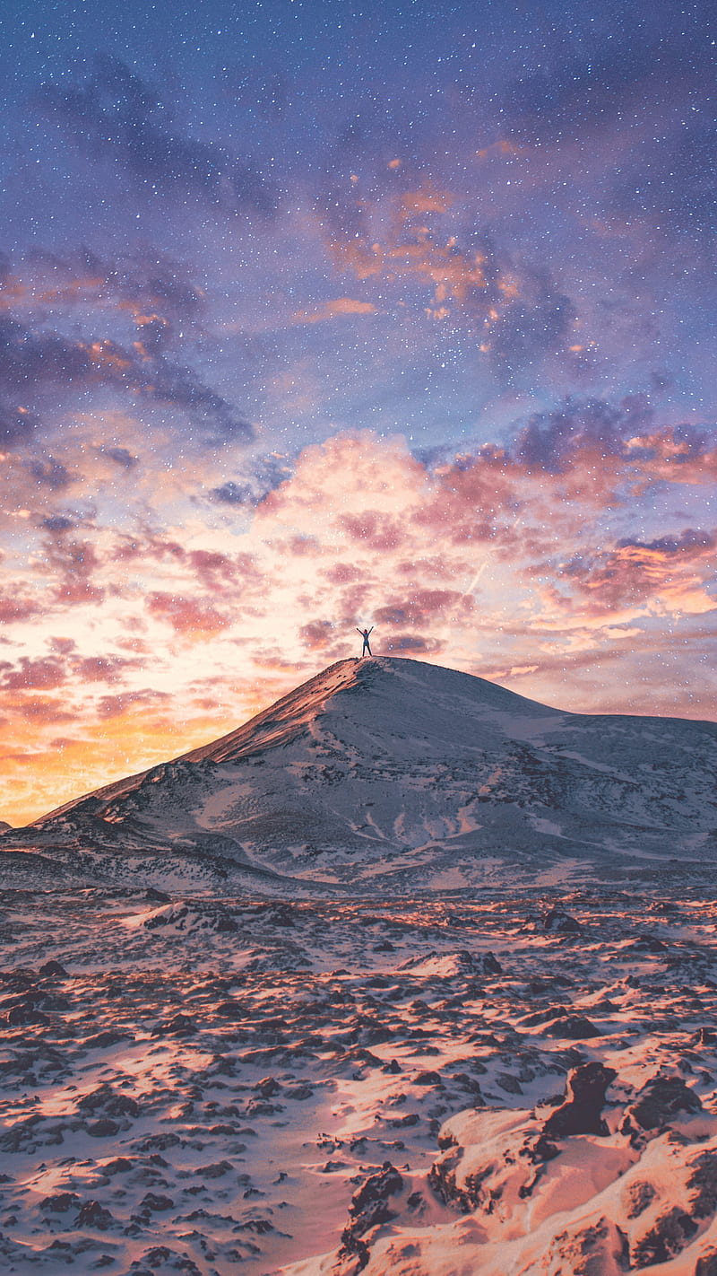 800x1422 Dreamy day, clouds, dream, hilltop, mountain, snow, starry, stars, surreal, world, HD phone wallpaper