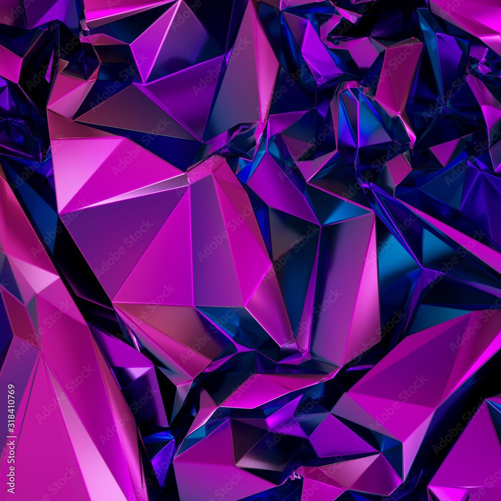 1000x1000 Illustration Stock 3D render, abstract purple crystal background, polygonal faceted structure, metallic texture, iridescent crystallized wallpaper, crumpled holographic foil, neon spectrum, vivid palette