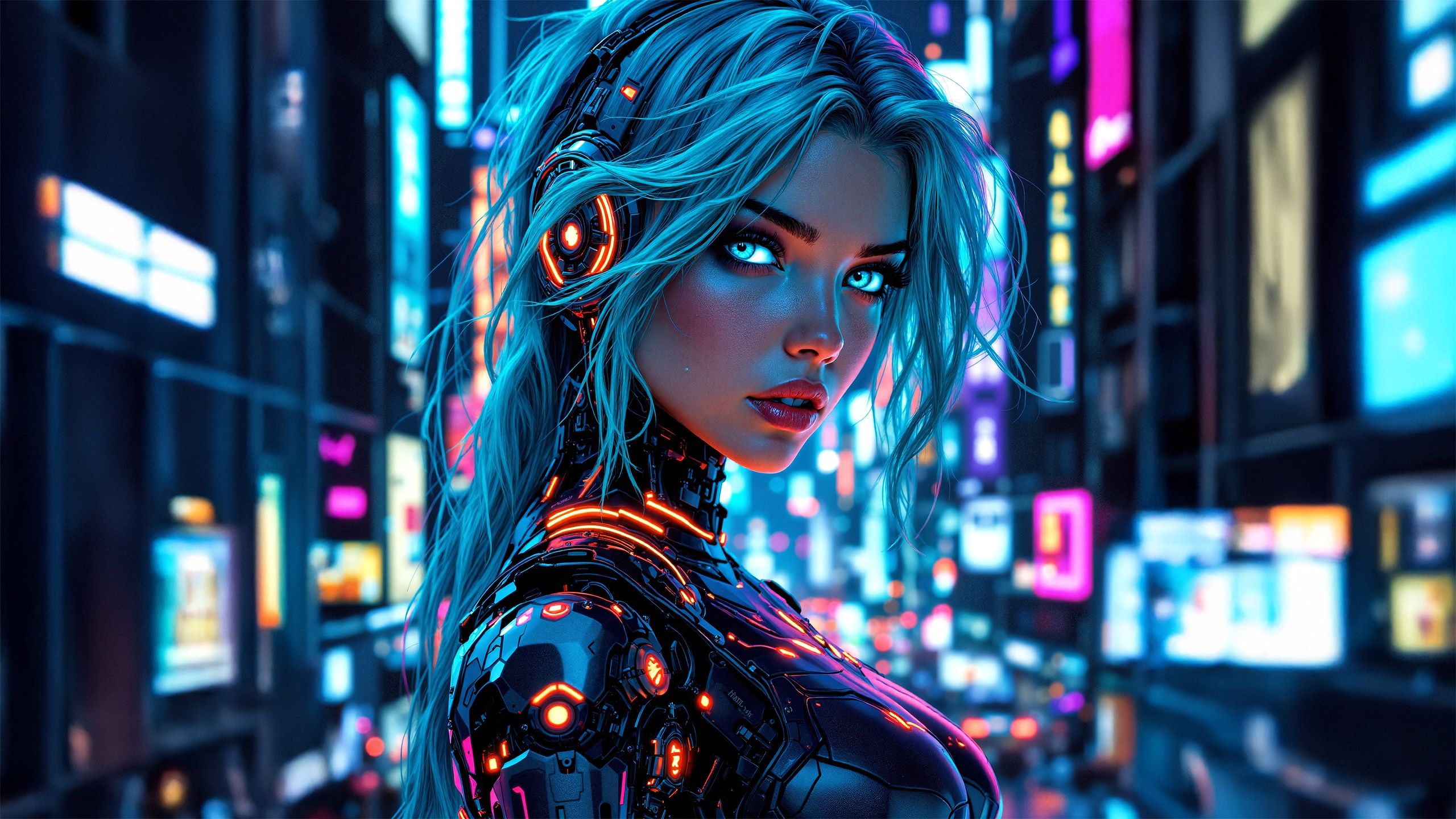 2560x1440 Wallpaper colorful, women, blue hair, looking at viewer, blurry background, AI Art for mobile and desktop, section ии арт, resolution 2560x1440