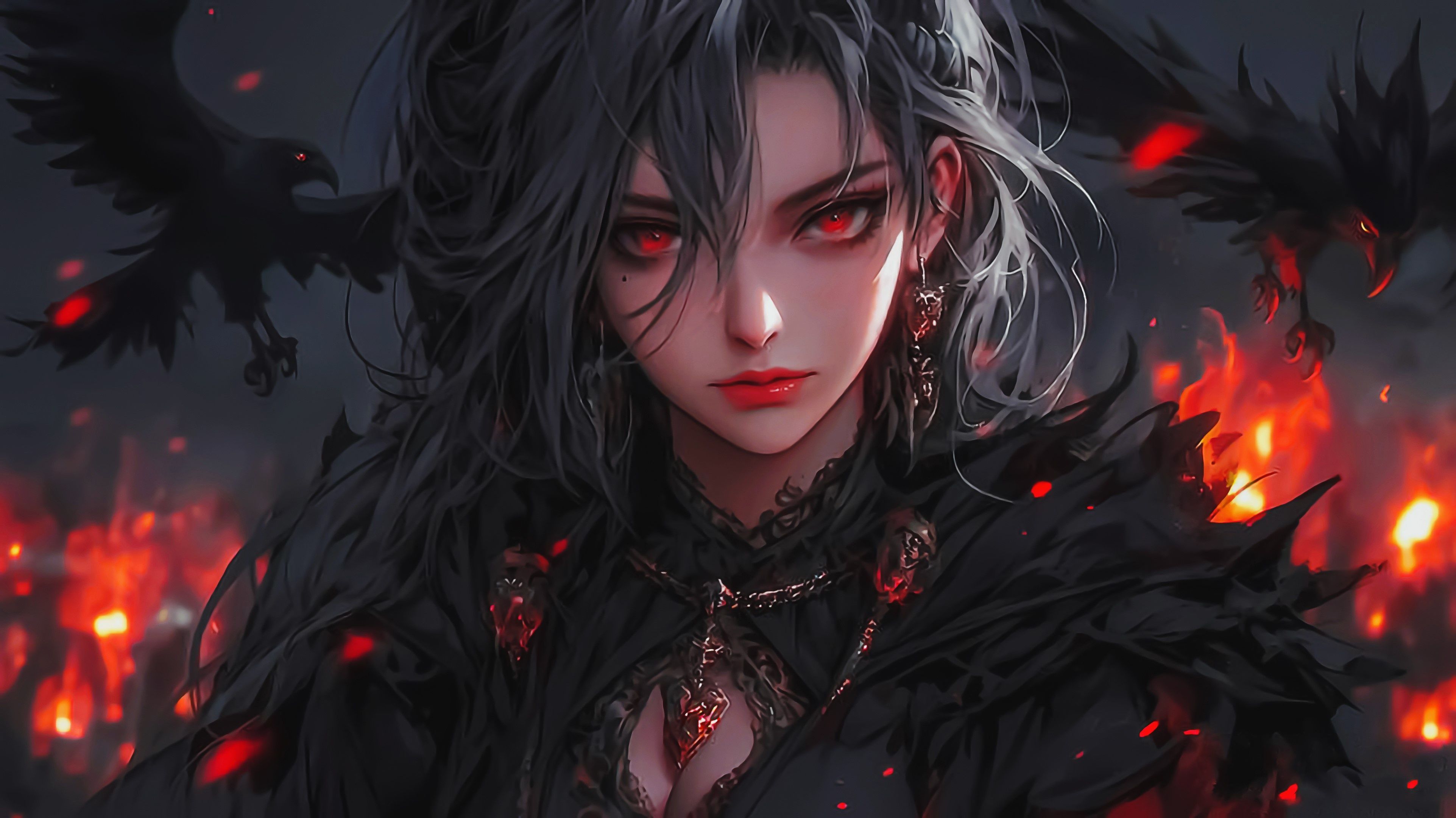 3846x2160 Wallpaper fire, girl, crow, anime girl, AI Generated for mobile and desktop, section ии арт, resolution 3846x2160