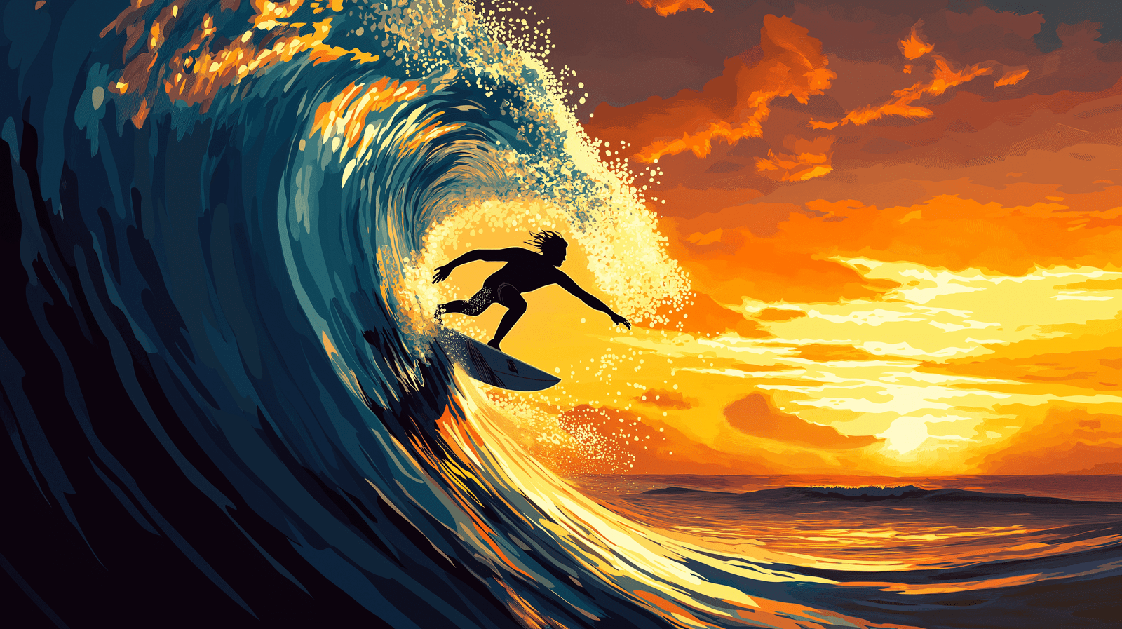 1600x897 Mural Wallpaper surfing at sunset. Wave emotions and vibrant colors