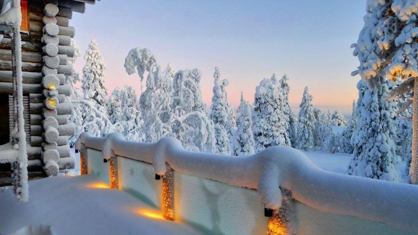 1366x768 Landscape Mountains Pristine Winter Forest Clouds Desktop Wallpaper