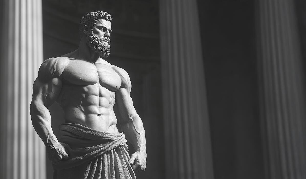 1196x700 Greek statue of strong muscular stoic man, side shot, facing forward with a Greek temple behind him