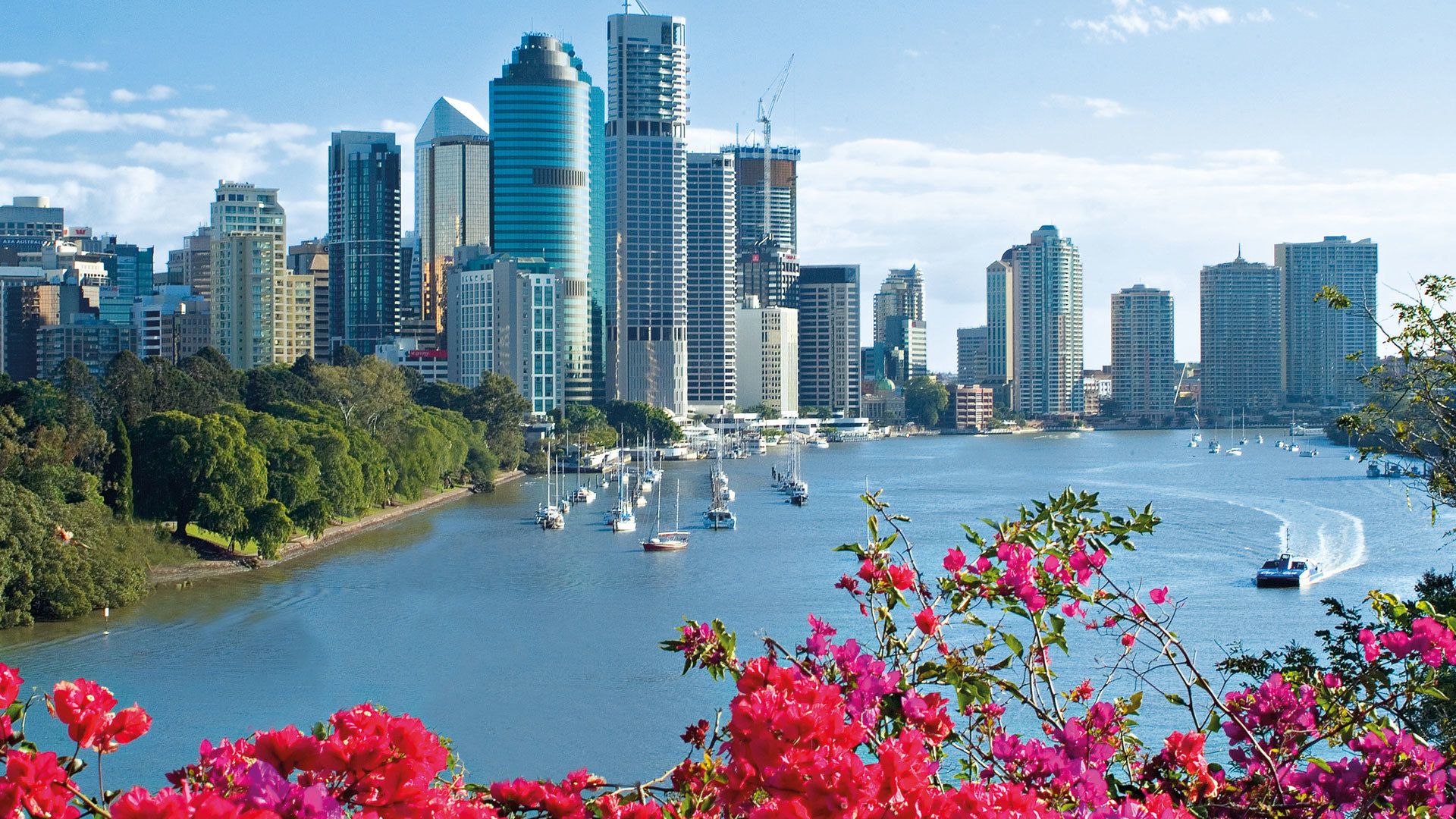 1920x1080 Wallpaper the city, Park, skyscrapers, yacht, Australia, Brisbane for mobile and desktop, section город, resolution 1920x1080