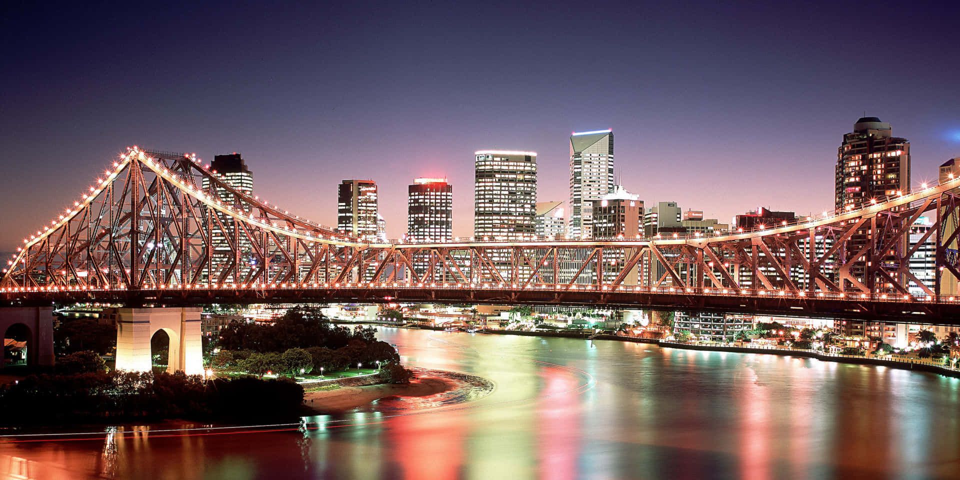 1920x960 Download Breathtaking view of Brisbane city skyline at sunset Wallpaper