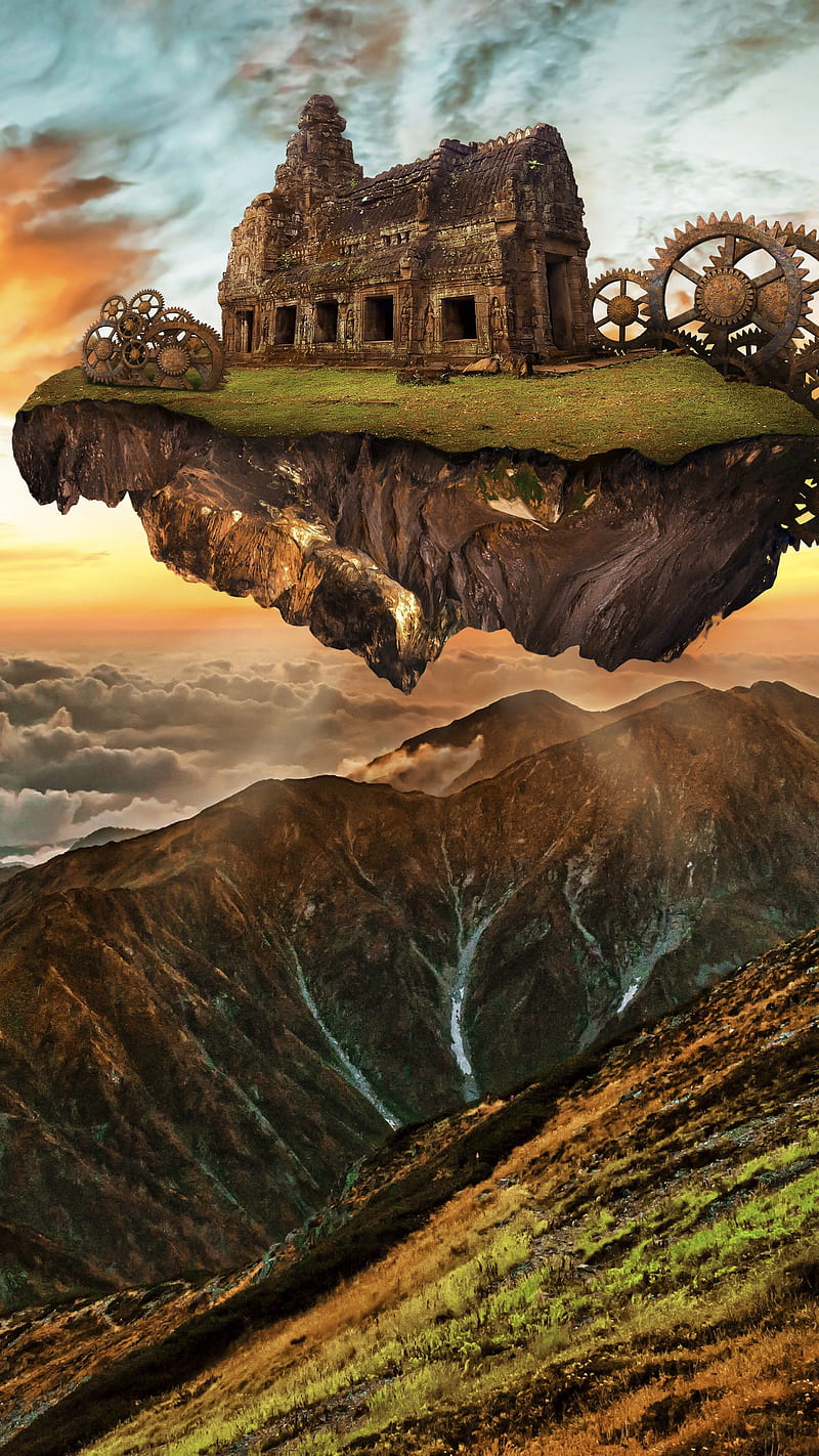 800x1422 Flying House, hop, imagination, steampunk, gears, engine, building, mountains, HD phone wallpaper